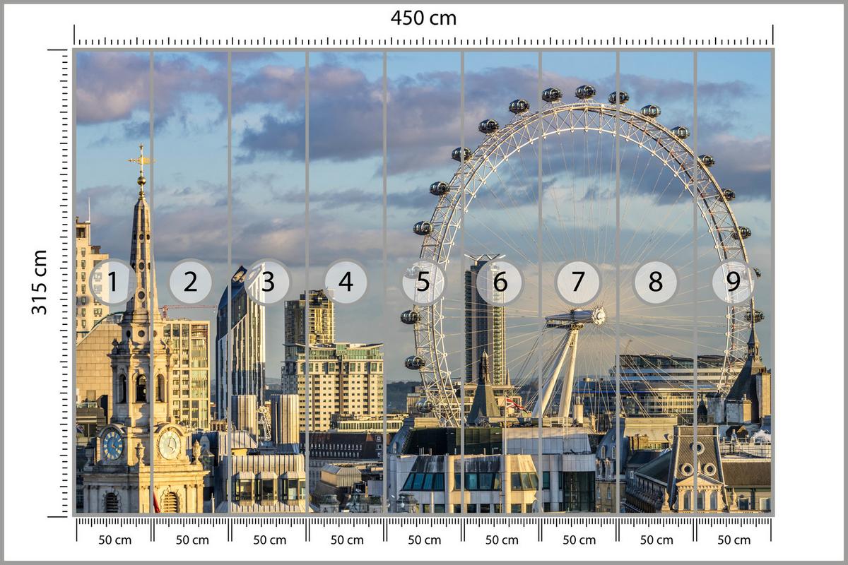 FOTOTAPETE für Schlafzimmer London Eye Skyline Wolkenkratzer Stadt 450x315 - Blau/Beige, Papier (450/315cm) - Muralo