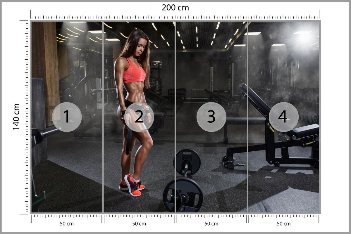 FOTOTAPETE Fit Frau Gym Langhantel Kraft Sport Fitnessstudio 200x140 - Schwarz/Braun, Papier (200/140cm) - Muralo