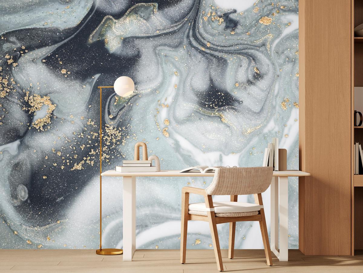 FOTOTAPETE für Badezimmer Luxus Grauer Marmor Muster Goldene Verzierungen 200x140 - Gelb/Weiß, Papier (200/140cm) - Muralo