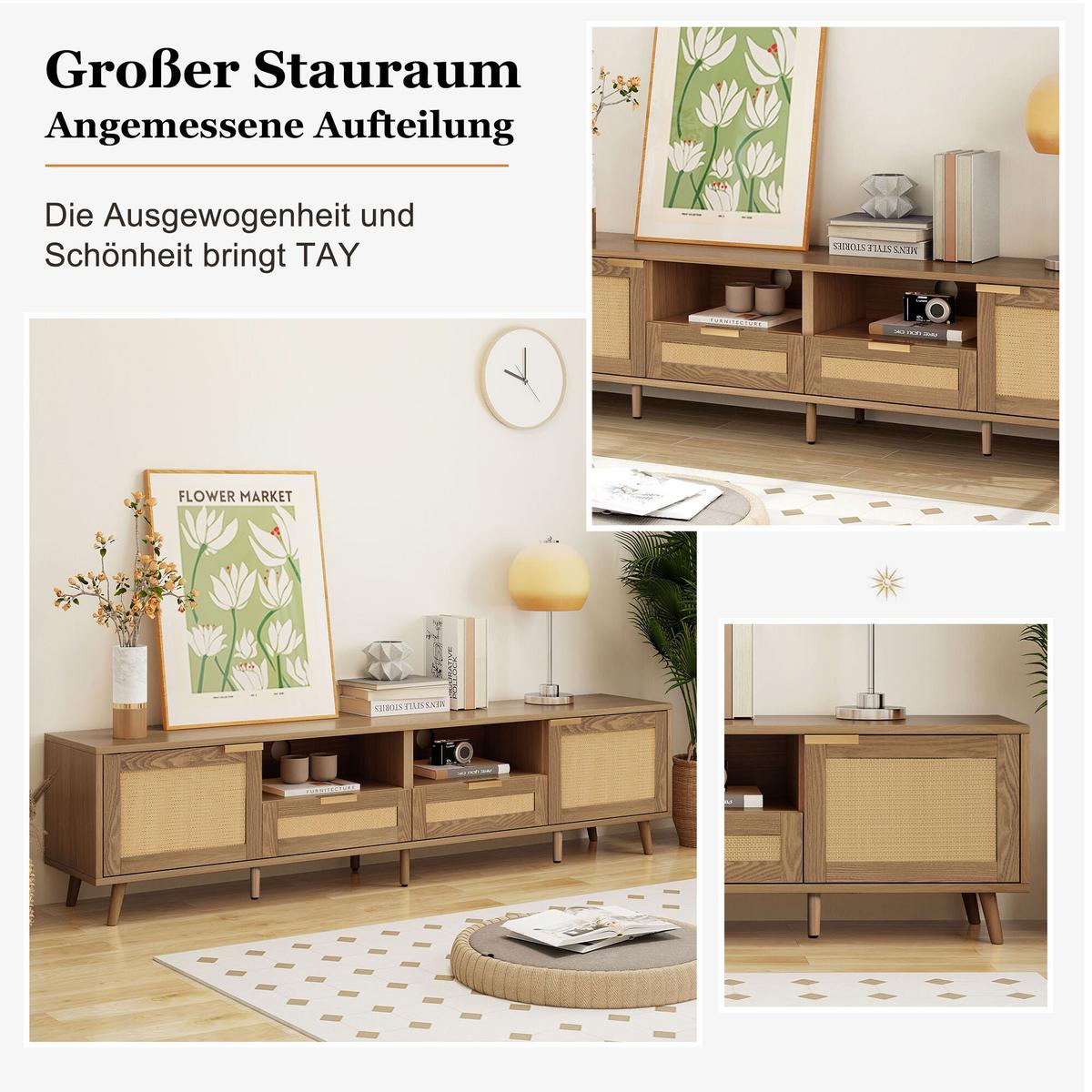 TV STOLÍK Z RATANU – nohy z masívneho dreva – 200 x 37 x 49 cm - Braun, Holz (37/49/200cm) - Urban Meuble