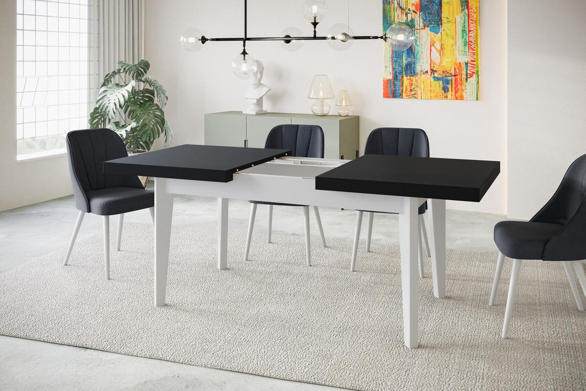 RECHTECKIGER Esszimmertisch SKANDI, ausziehbarer Tisch, Größe: 200-300X100X78 cm, Wohnzimmertisch Farbe: Schwarz, mit Holzbeinen in Farbe Weiß - Schwarz/Weiß, Holzwerkstoff (200/100/78cm) - Alpi-Möbel