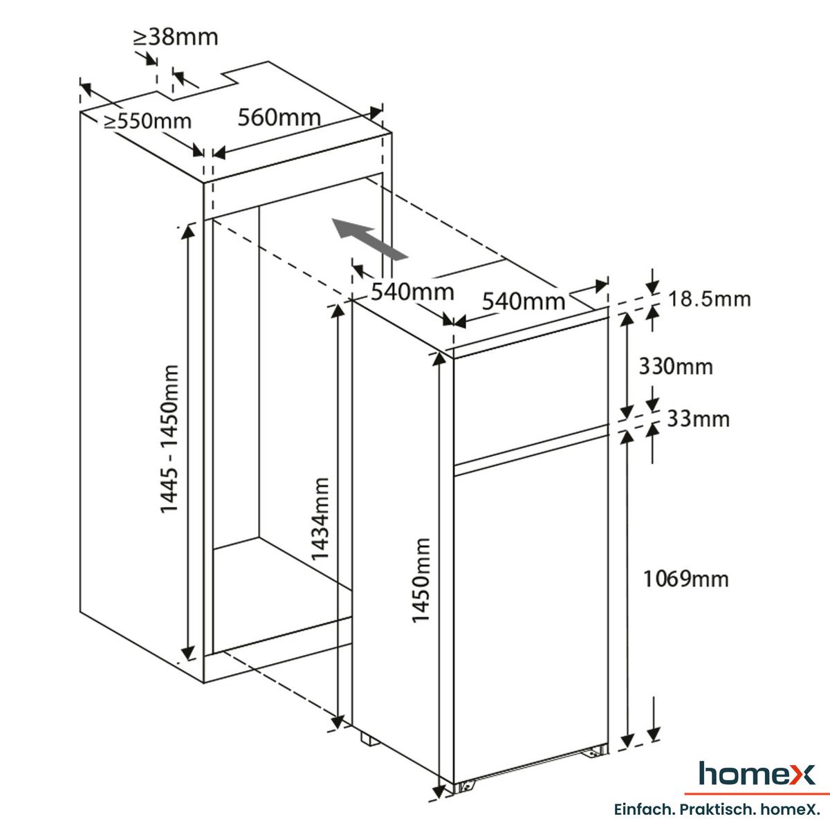 KÜHL-GEFRIER-KOMBINATION Einbau, 145cm Nische, 205 Liter, Schlepptürtechnik, Einbaukühlschrank mit Gefrierfach, CFB2051E - Weiß, Glas/Kunststoff (54/145/54cm) - homeX