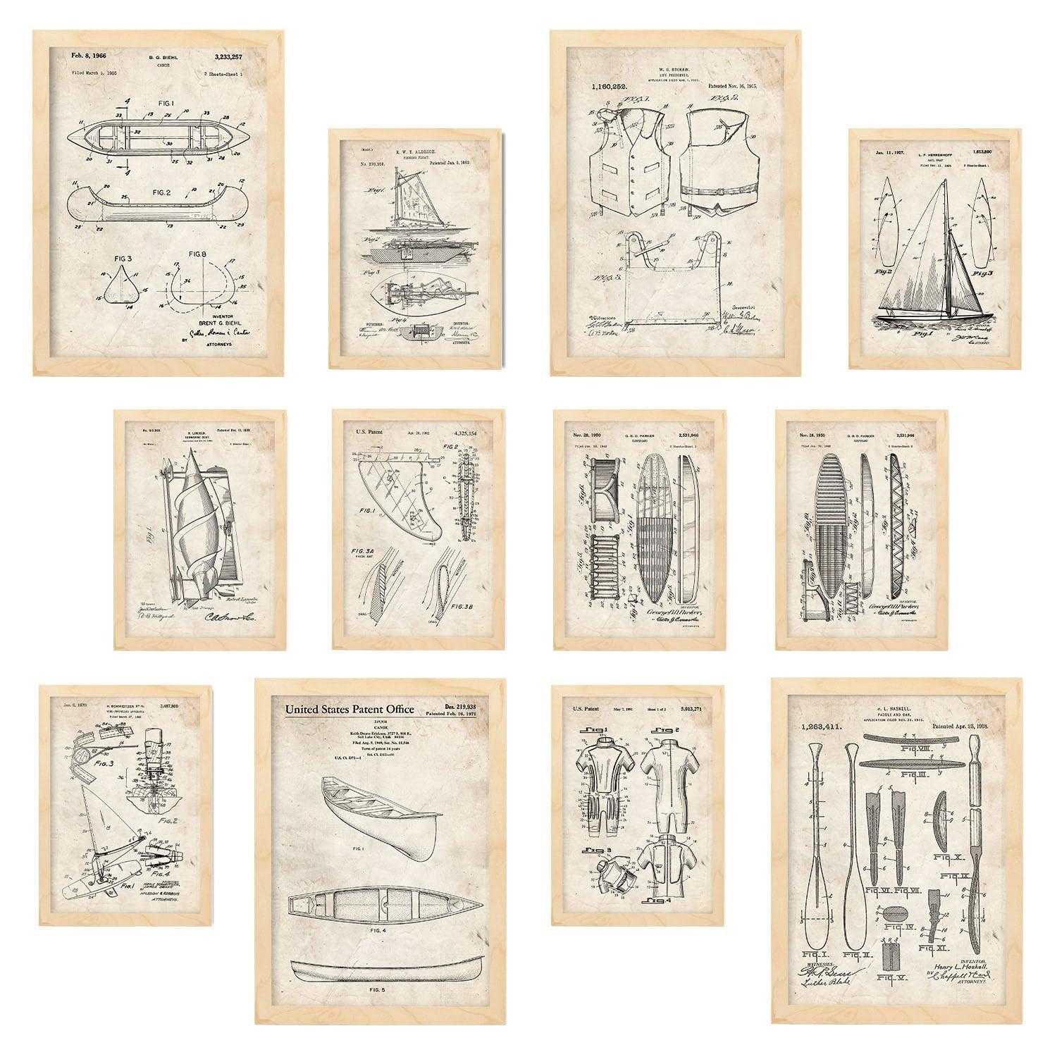 POSTER Set Mit 12 Boot- Und Surfpattentdrucken A3 Rahmen Aus Hellem Holz - Beige, Papier (29.7/5/42cm) - Nacnic