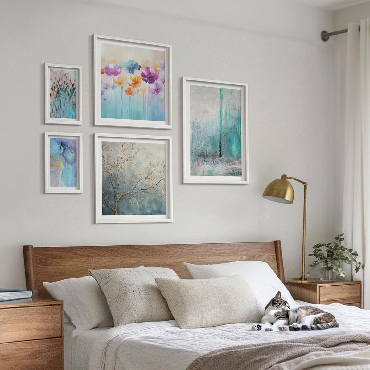 BILDER SET 5er Set - 50x50 cm & 20x30 cm & 40x60 cm Weißer Rahmen - Leuchtturm, Landschaft, Mädchen, Pferd - Weiß, Kunststoff (40/60cm) - TULUP