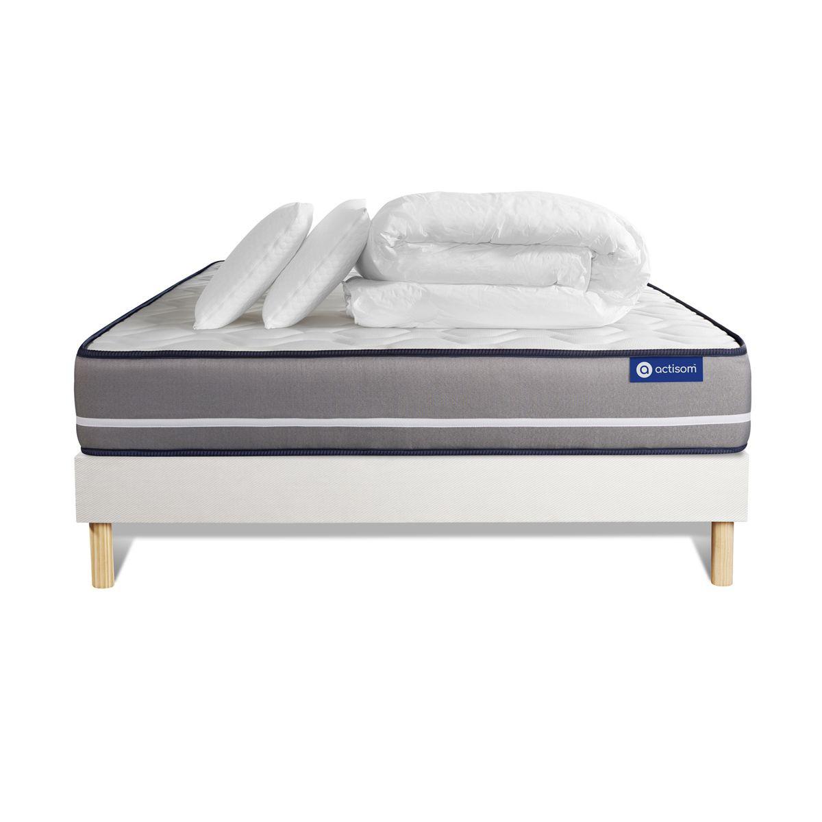 BETT Actiflex pur Taschenfederkern 160 x 200 cm h3 - Kit Bettgestell Weiß - Mit Kissen und Bettdecke - Beige/Weiß, Karton/Holz (160/200cm) - ACTISOM