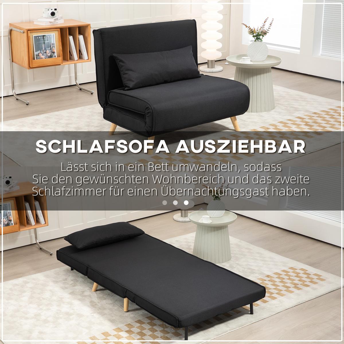 SCHLAFSESSEL, 2-in-1 Schlafsofa mit Bettfunktion, Zierkissen bis 120 kg Schwarz - Schwarz/Naturfarben, Holz/Textil (78/80/94cm) - HOMCOM