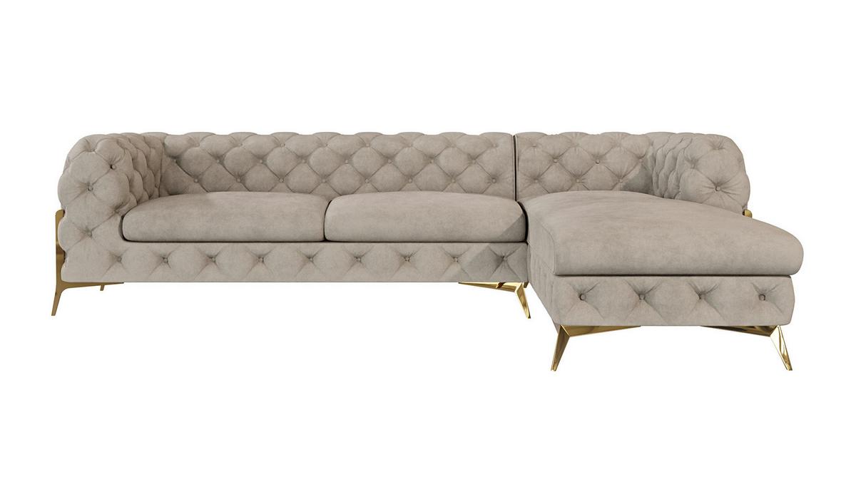 ECKSOFA Chesterfield Lexi Dunkle Creme Samt, Ottomane rechts - Goldfarben/Creme, Holz/Textil (305/200cm) - S-Style Möbel
