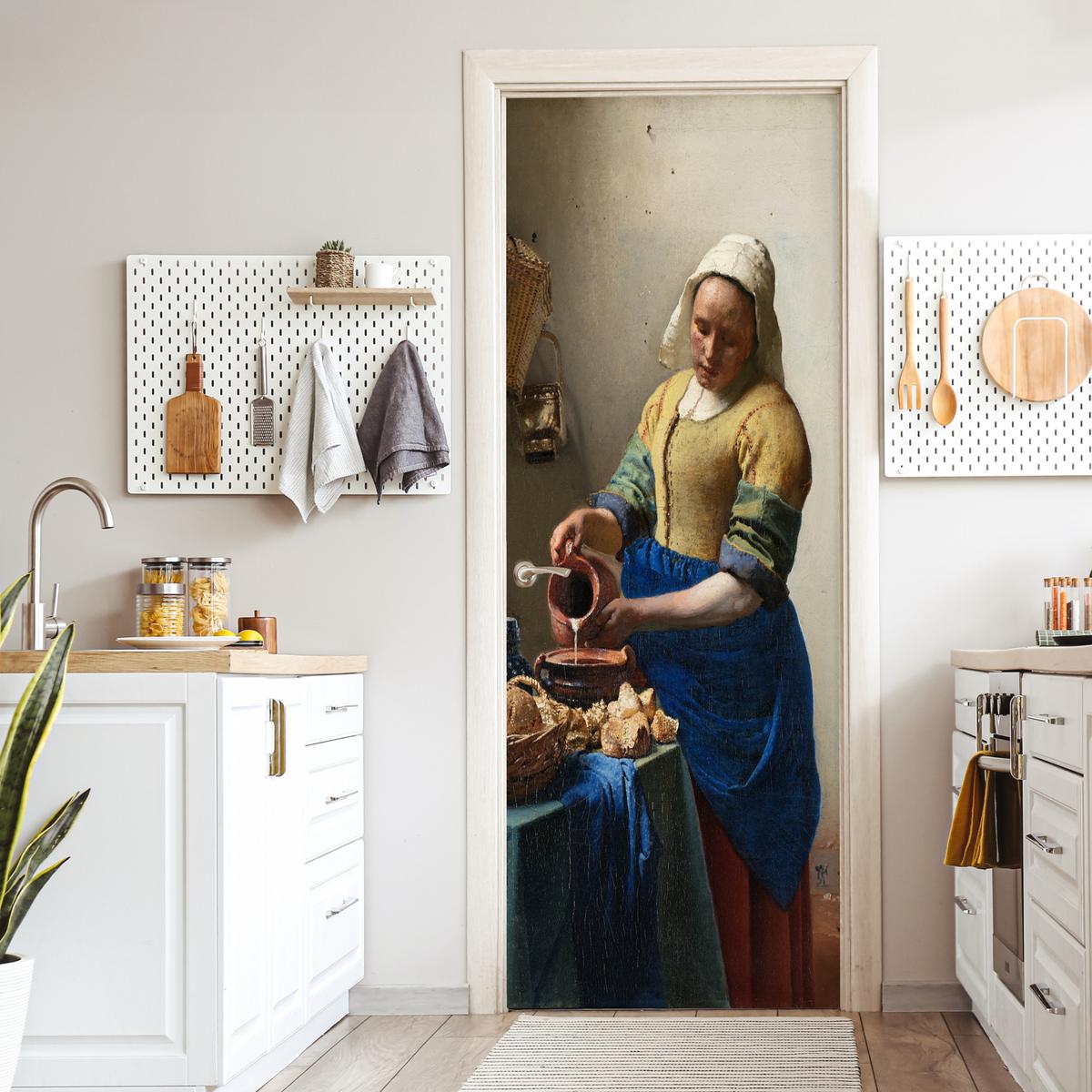 TÜRAUFKLEBER Das Milchmädchen - Johannes Vermeer 90x235 cm - Türtapete - Dunkelblau, Kunststoff (90/0.1cm) - MuchoWow
