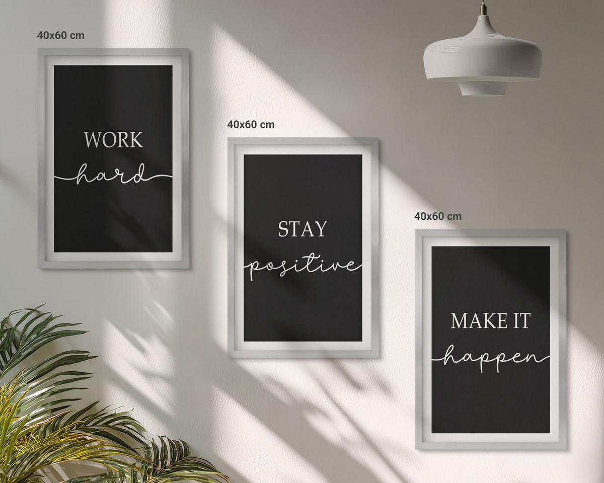 BILDER SET 3er Set - 40x60 cm Silberner Rahmen - Elegante Motive auf schwarzem Grund - Silberfarben, Kunststoff (40/60cm) - TULUP