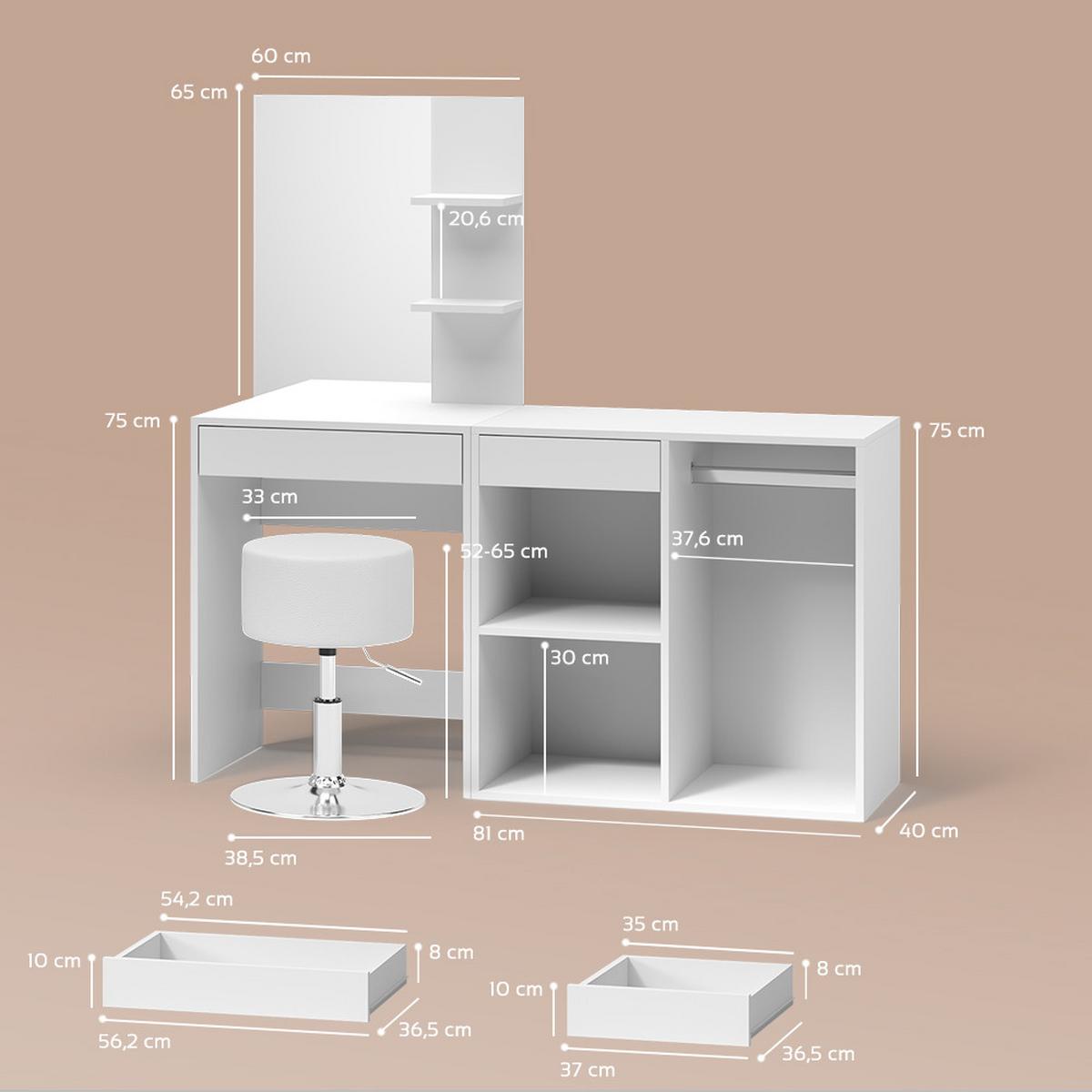 SCHMINKTISCH Nola Weiß 140 cm mit Hocker - Weiß, Holzwerkstoff (140/140/40cm) - Livinity®