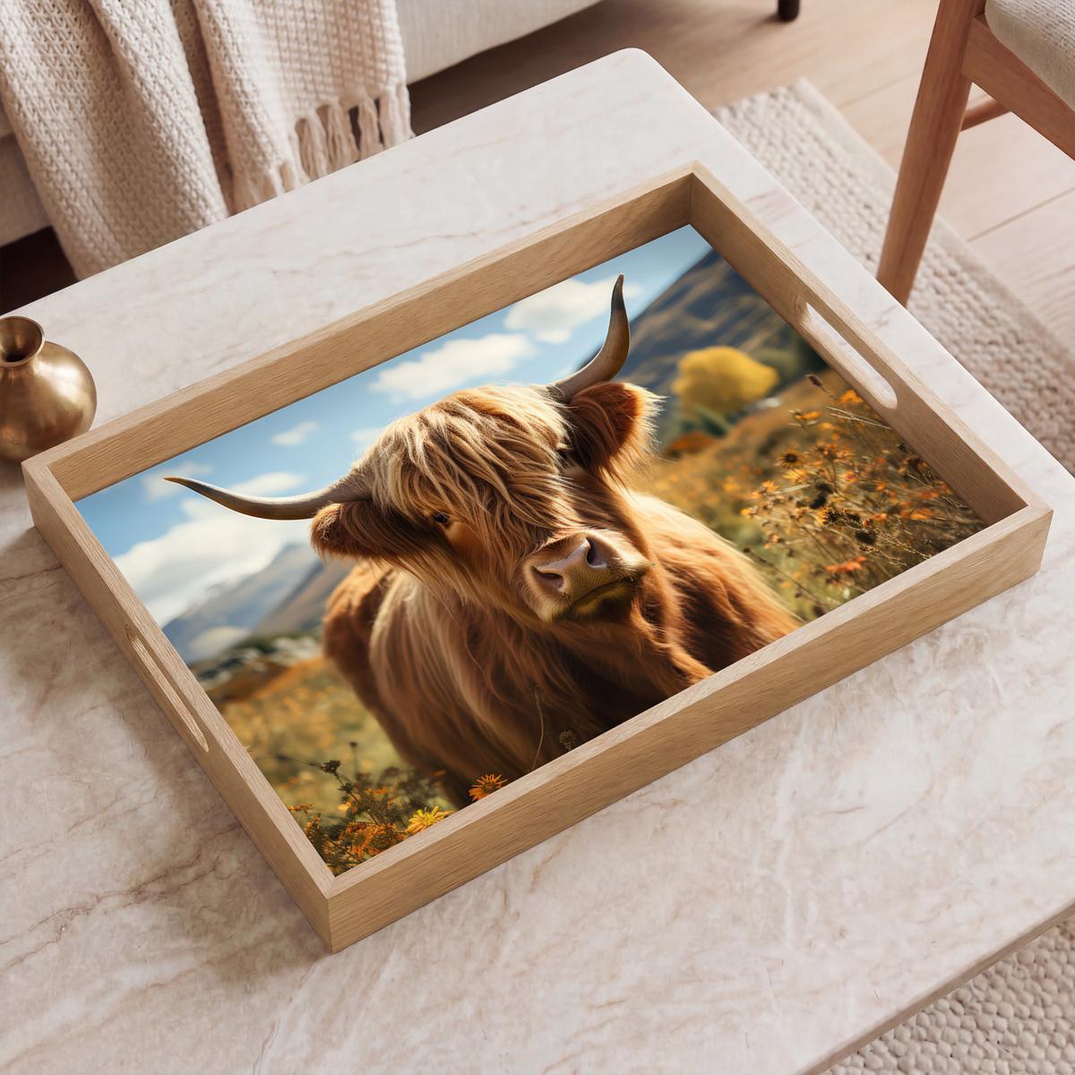 TABLETT Schottische Highlander - Blumen - Hörner - Wolken 50x35 cm - Braun, Holz (50/5/5cm) - OnlyWow