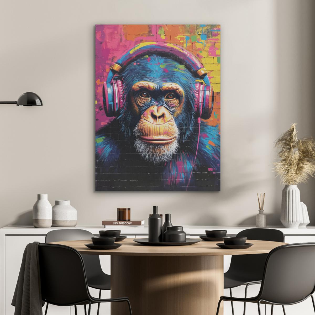 AKUSTIKBILD Graffiti - Schimpanse - Straßenkunst - Kopfhörer - Affe Wandbilder 60x80 cm - Blau, Kunststoff (60/80/0.9cm) - MuchoWow