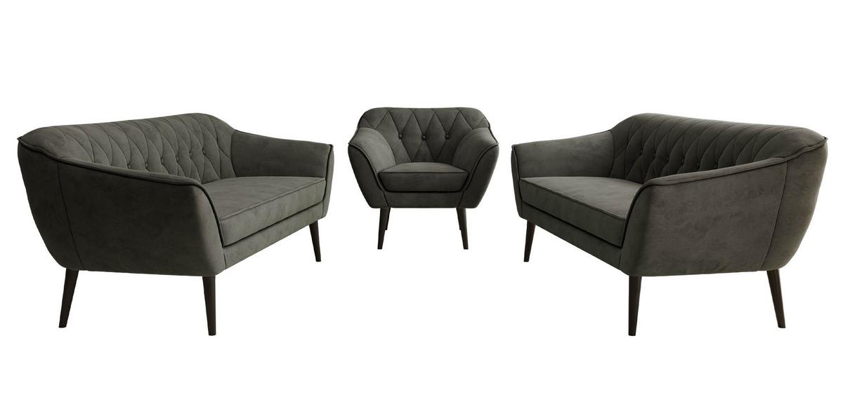SITZGARNITUR PIRS 3+3+1 - Dunkelgrau Velvet - Schwarze Beine - Dunkelgrau/Schwarz, Holzwerkstoff/Textil (180/75/74cm) - MKS