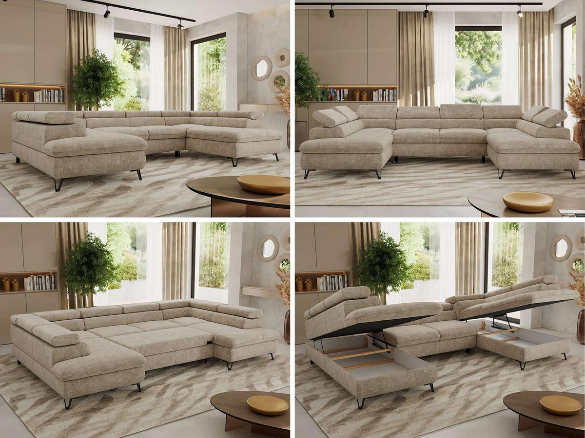 WOHNLANDSCHAFT PABLO U Schenille grob gewebt Beige - Beige/Schwarz, Textil/Metall (346/76/208cm) - MKS