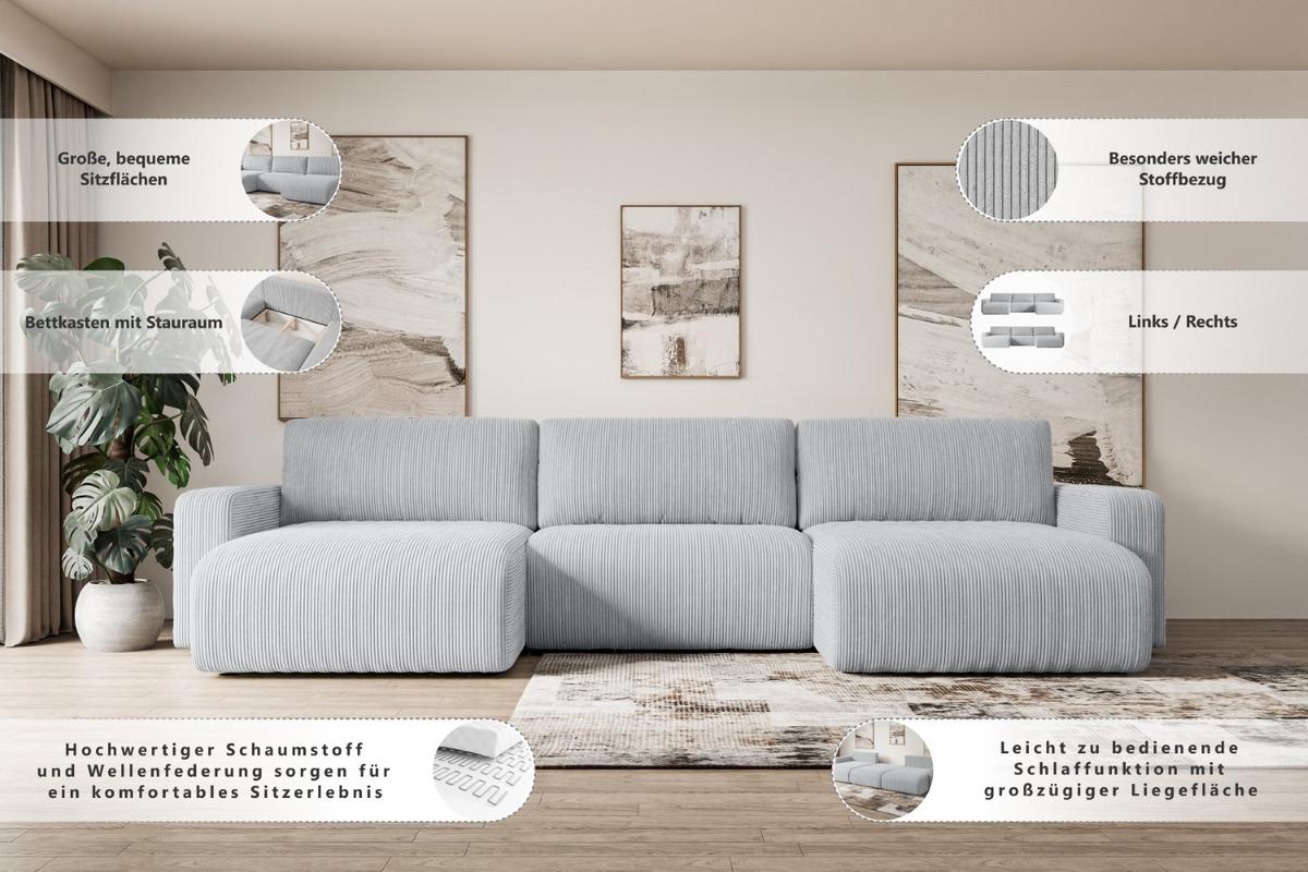 WOHNLANDSCHAFT mit Schlaffunktion und Bettkasten KLEEA-U - 347x143x83 cm Hellgrau Bouclé - Hellgrau/Schwarz, Holzwerkstoff/Kunststoff (347/83/143cm) - ALTDECOR