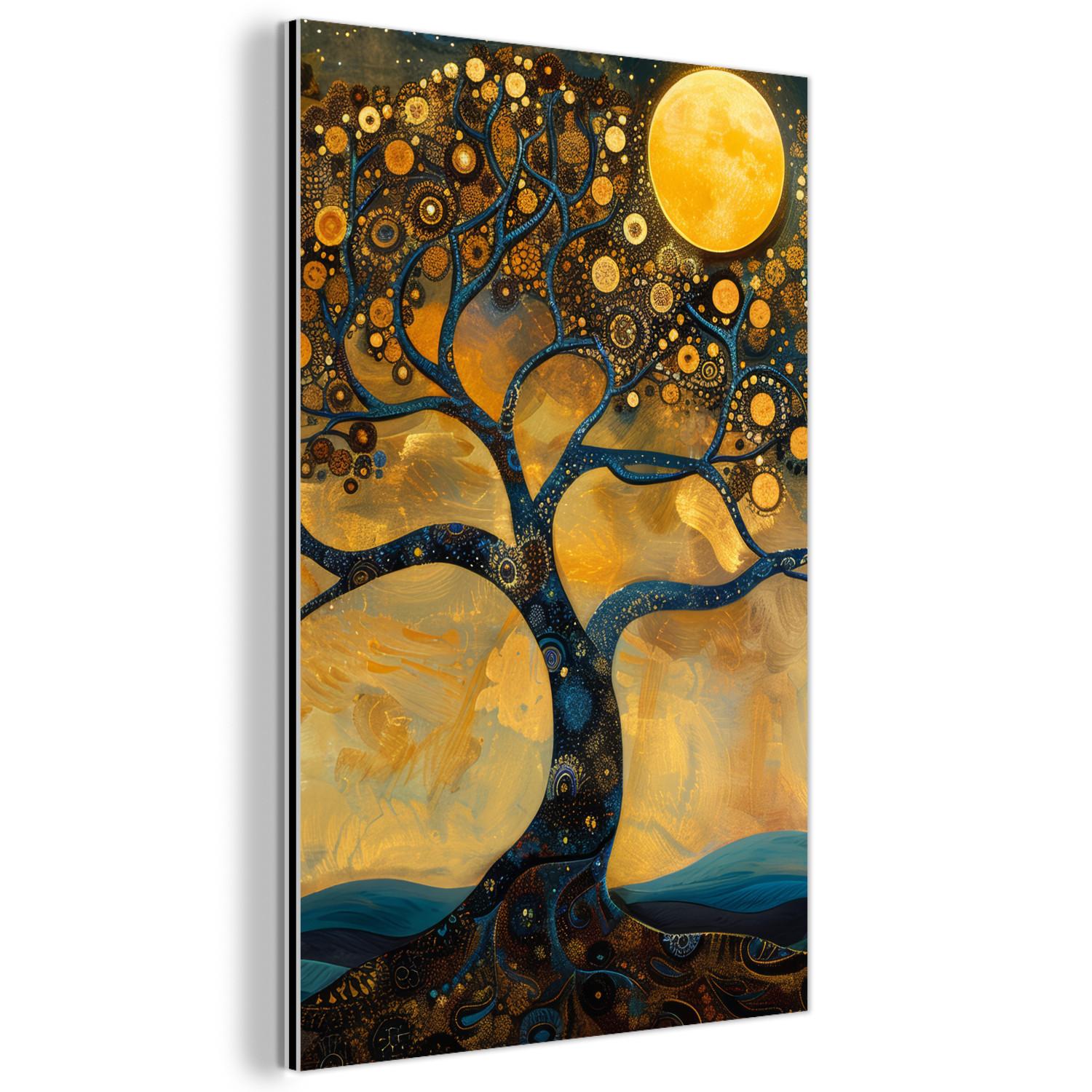 METALLBILD Baum - Mond - Blumen - Gold - Kunst Deko Schlafzimmer 40x60 cm - Orange, Metall (40/60cm) - MuchoWow