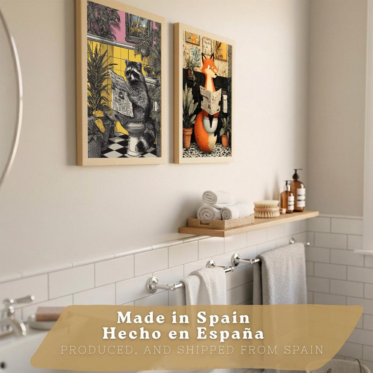 POSTER 2er-Set dekorative Badezimmer-Kunstdrucke, künstlerische für Wand, Waschbecken, Toilette mit Tieren auf der Toilette, Vintage Rahmenlos A4 - Klar, Papier (29.7/21/3cm) - Nacnic