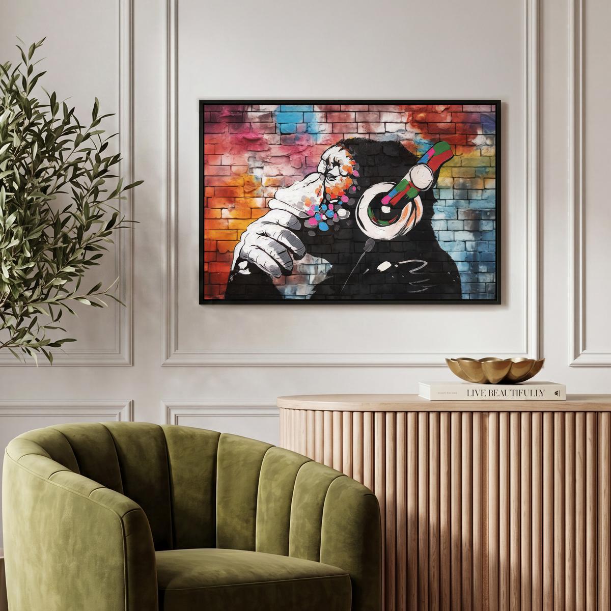 LEINWAND Bilder mit Rahmen - Affe - Graffiti - Musik - 60x40 - Multicolor, Textil (60/40cm) - MuchoWow