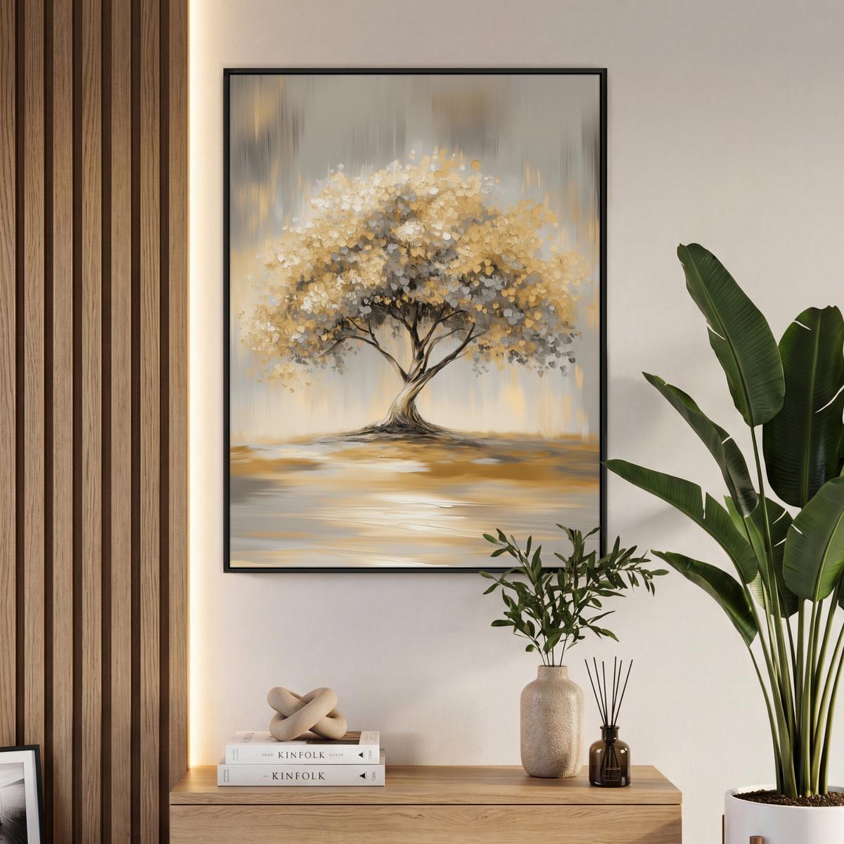 LEINWAND Bilder mit Rahmen - Gemälde - Baum - Abstrakt - Blätter - 70x100 - Beige, Textil (70/100cm) - MuchoWow