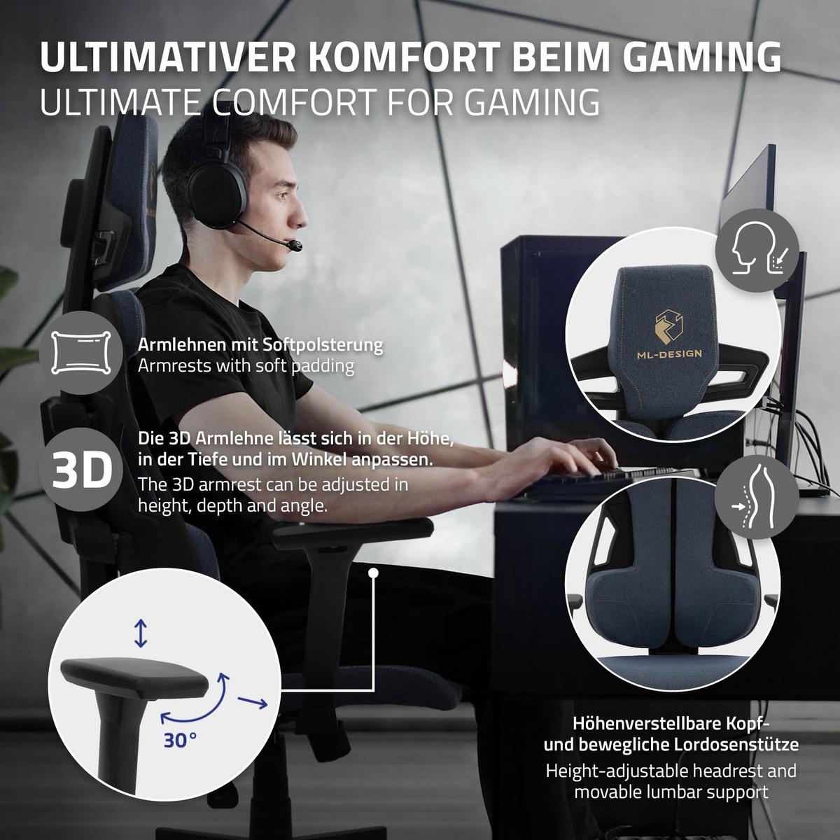 GAMINGSTUHL mit Stoffbezug in Blau Individuell Einstellbar - Blau/Schwarz, Kunststoff/Textil (69/142/68cm) - ML-DESIGN