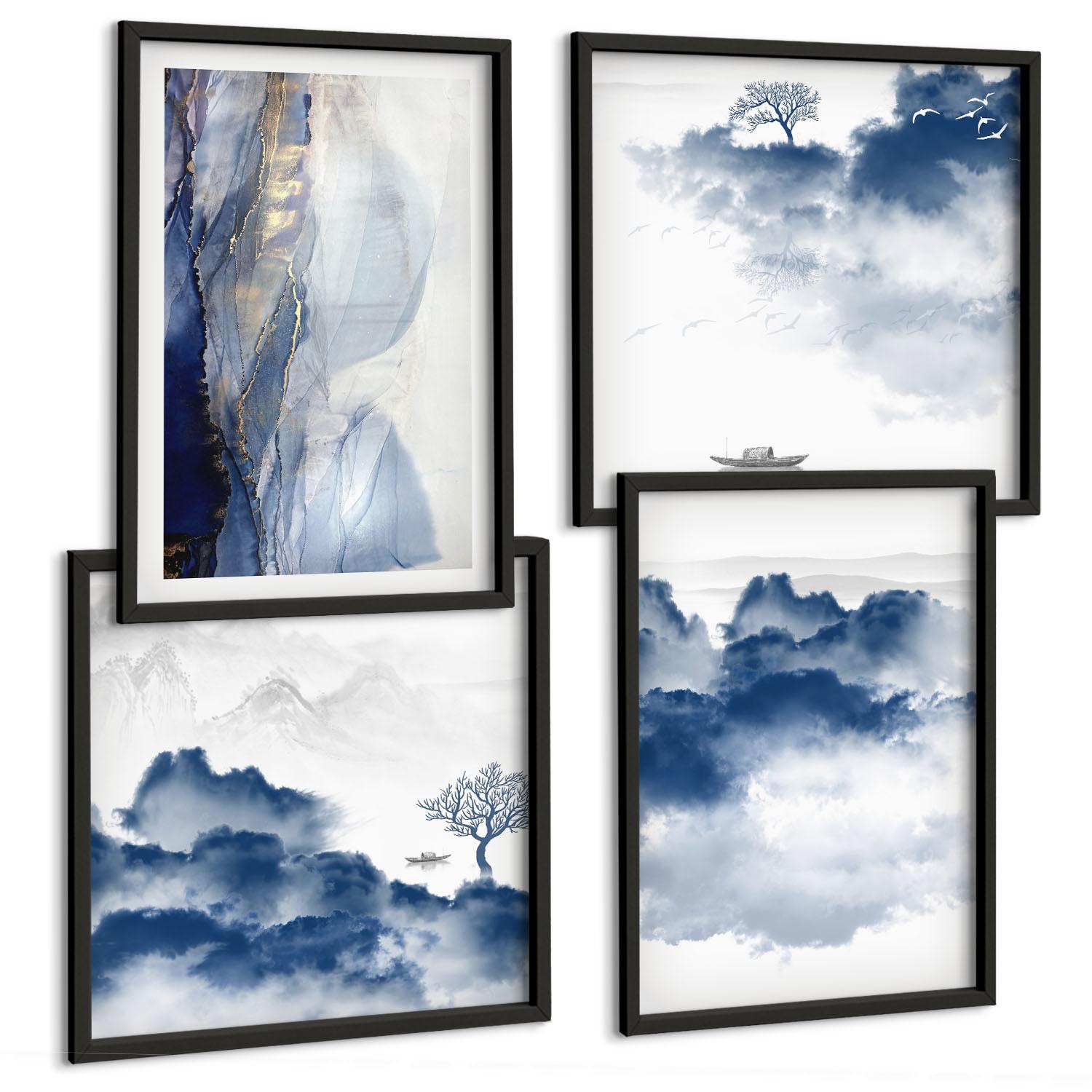 BILDER SET 4er Set - 50x50 cm & 40x60 cm Schwarzer Rahmen - Berge, Wolken, Bäume, Vögel im Hintergrund - Schwarz, Kunststoff (50/50cm) - TULUP