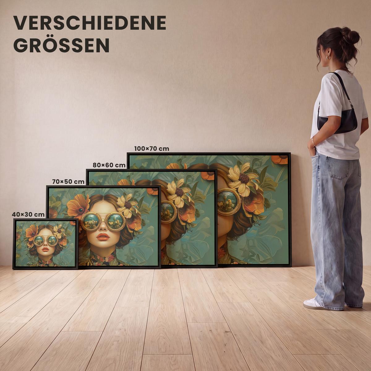 LEINWAND Bilder mit Rahmen - Frau - Blumen - Schmetterlinge - Natur - Vintage - 40x30 - Salbeigrün, Textil (40/30cm) - MuchoWow