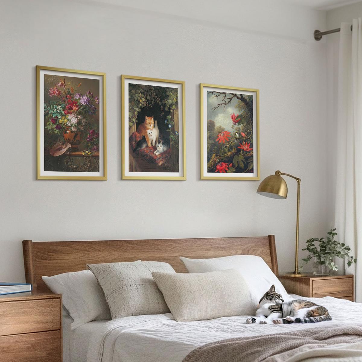 BILDER SET 3er Set - 40x60 cm Goldrahmen - Vintage-Blumen, Katzen, Natur - Goldfarben, Kunststoff (40/60cm) - TULUP