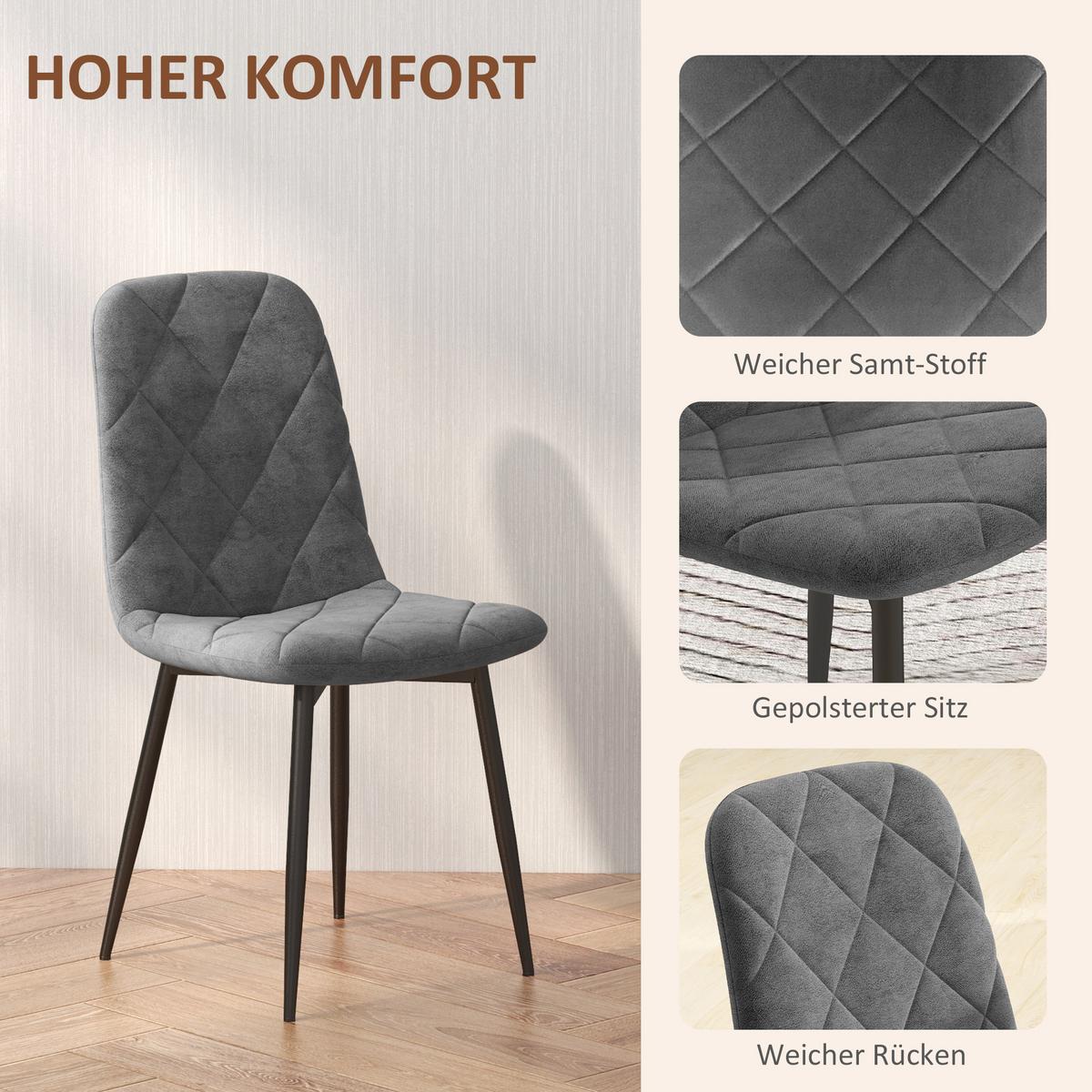 ESSZIMMERSTÜHLE, 4er-Set Küchenstühle mit Rückenlehne, Samtoptik, Grau - Grau, Kunststoff (54/87/45cm) - HOMCOM