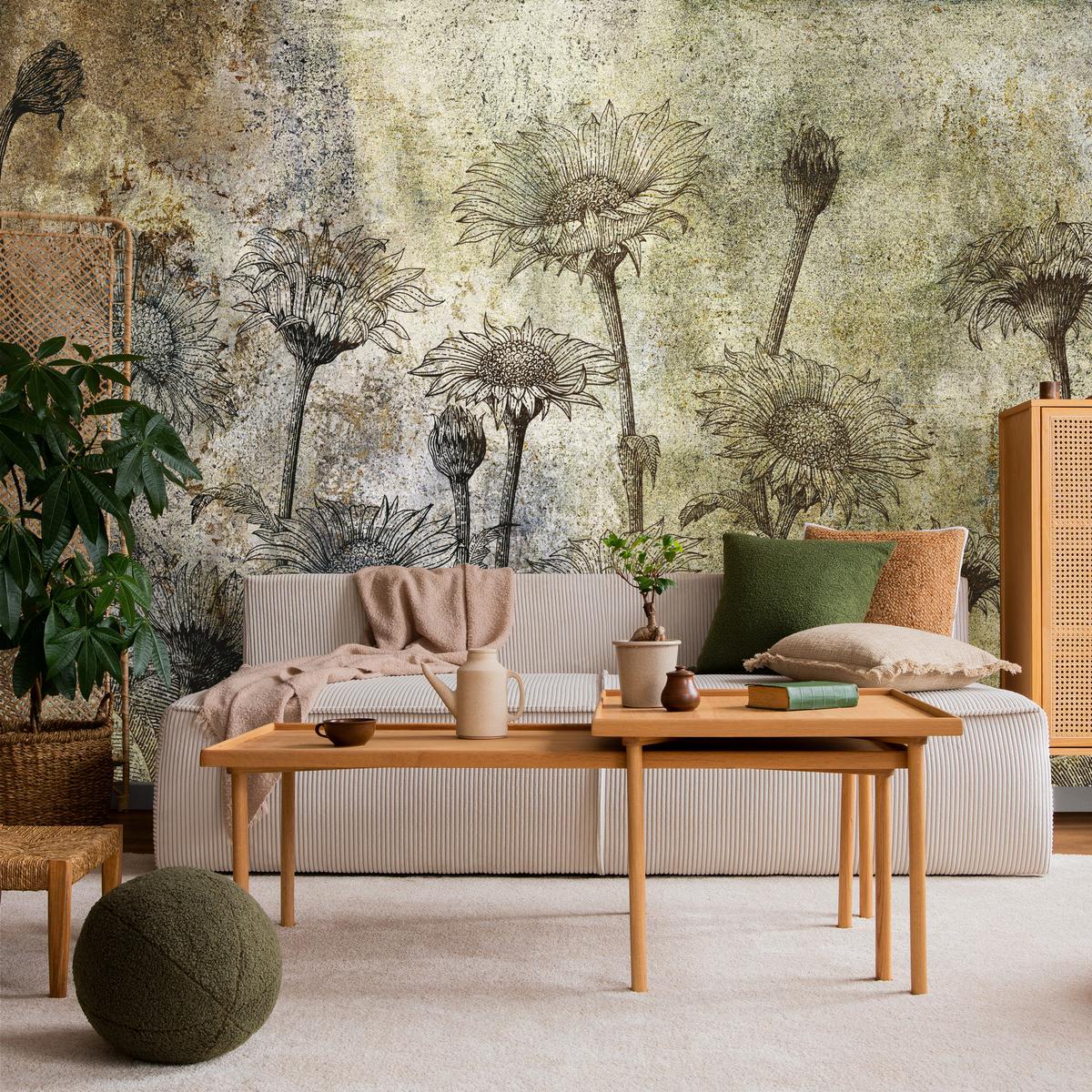FOTOTAPETE Abstrakte Sonnenblumen Beton Retro 200x140 - Beige/Braun, Papier (200/140cm) - Muralo