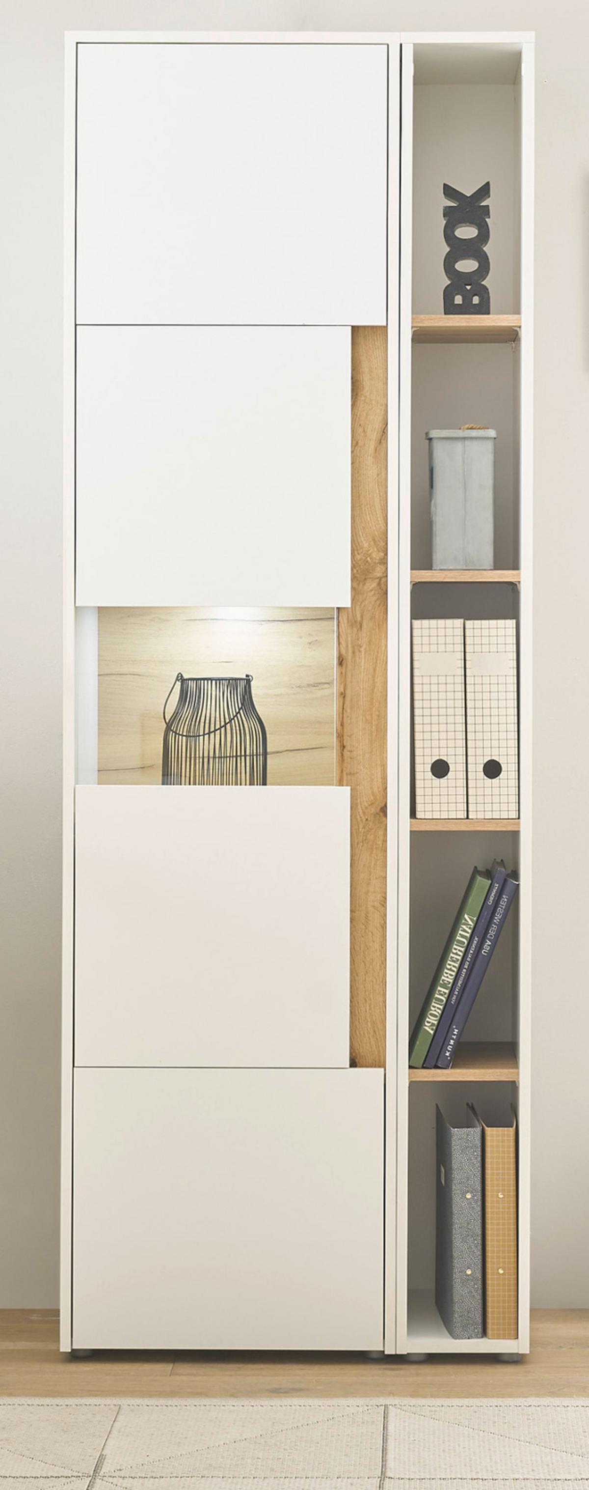 AKTENSCHRANK Set 2-teilig weiß, Eiche Wotan 70 x 200 cm, Regal-Vitrine-Kombination mit 5 Ordnerhöhen - Eichefarben/Eiche Wotan, Glas/Holzwerkstoff (70/200/40cm) - Furn.Design
