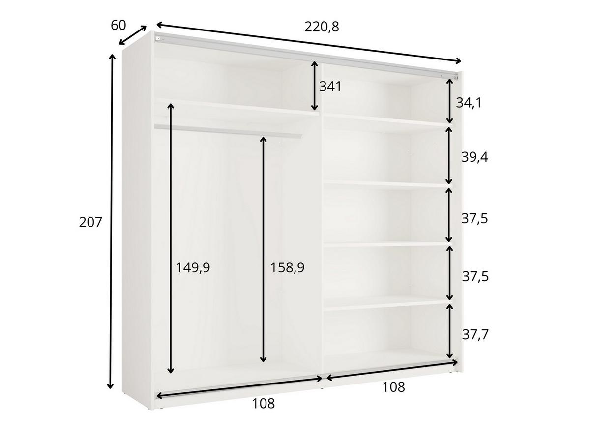 SCHWEBETÜRENSCHRANK RADEN 221/207/60cm 2-türig mit Spiegel Weiß - Weiß, Holzwerkstoff (221/207/60cm) - MASSENO