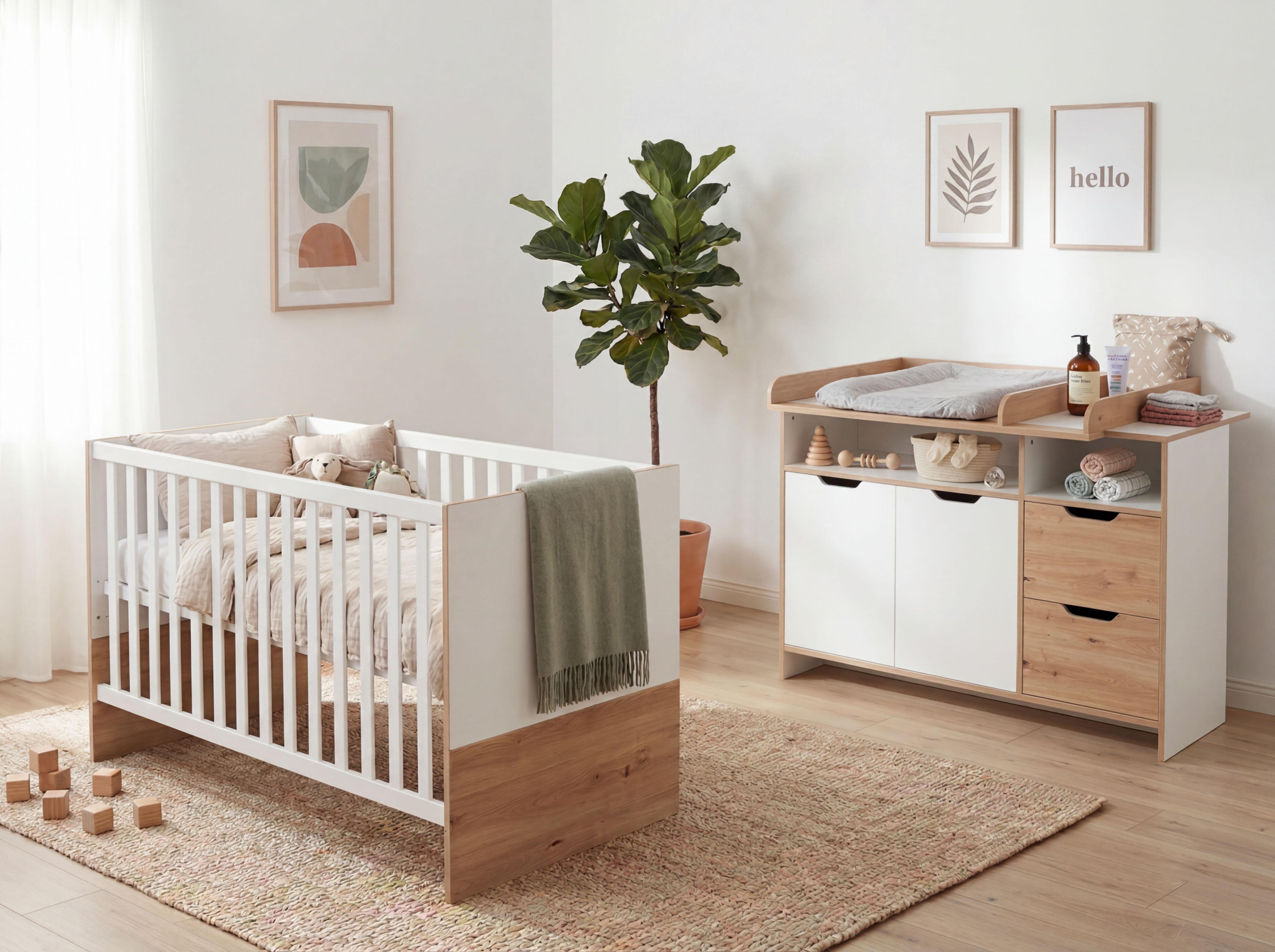 BABYZIMMER SET Maxim 2-tlg. Wickelkommode Babybett - Weiß/Eiche Artisan, Holzwerkstoff (1/1/1cm) - arthur berndt
