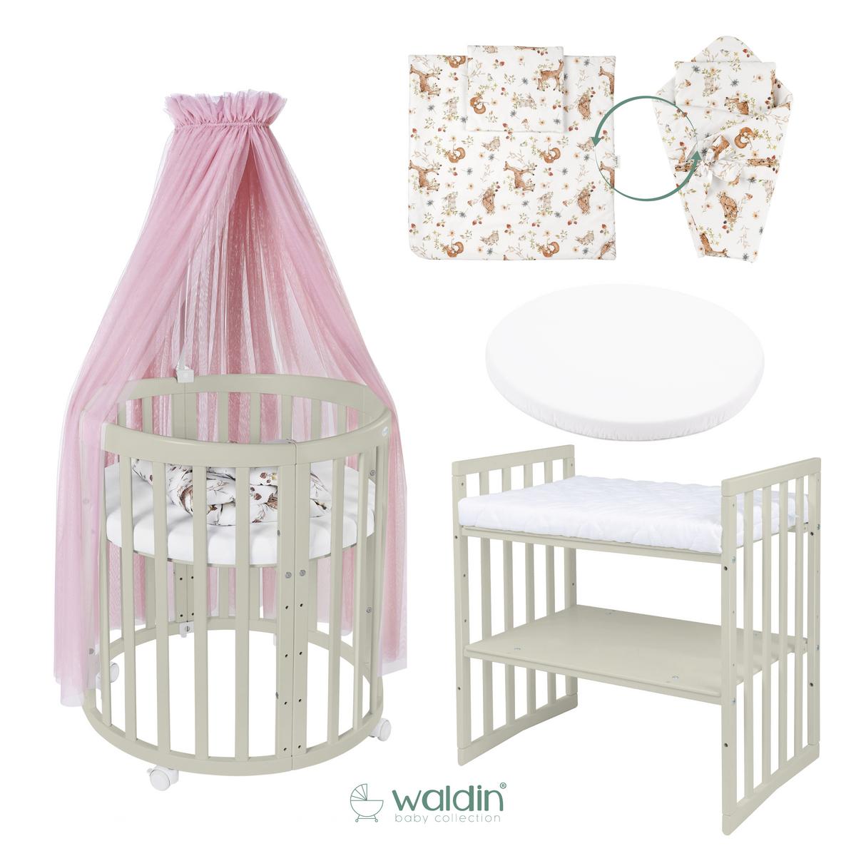 BABYBETT OLIVE OVAL 7in1 mit Matratze und Himmelset - Olivgrün/Rosa, Holz/Textil (73/125cm) - waldin