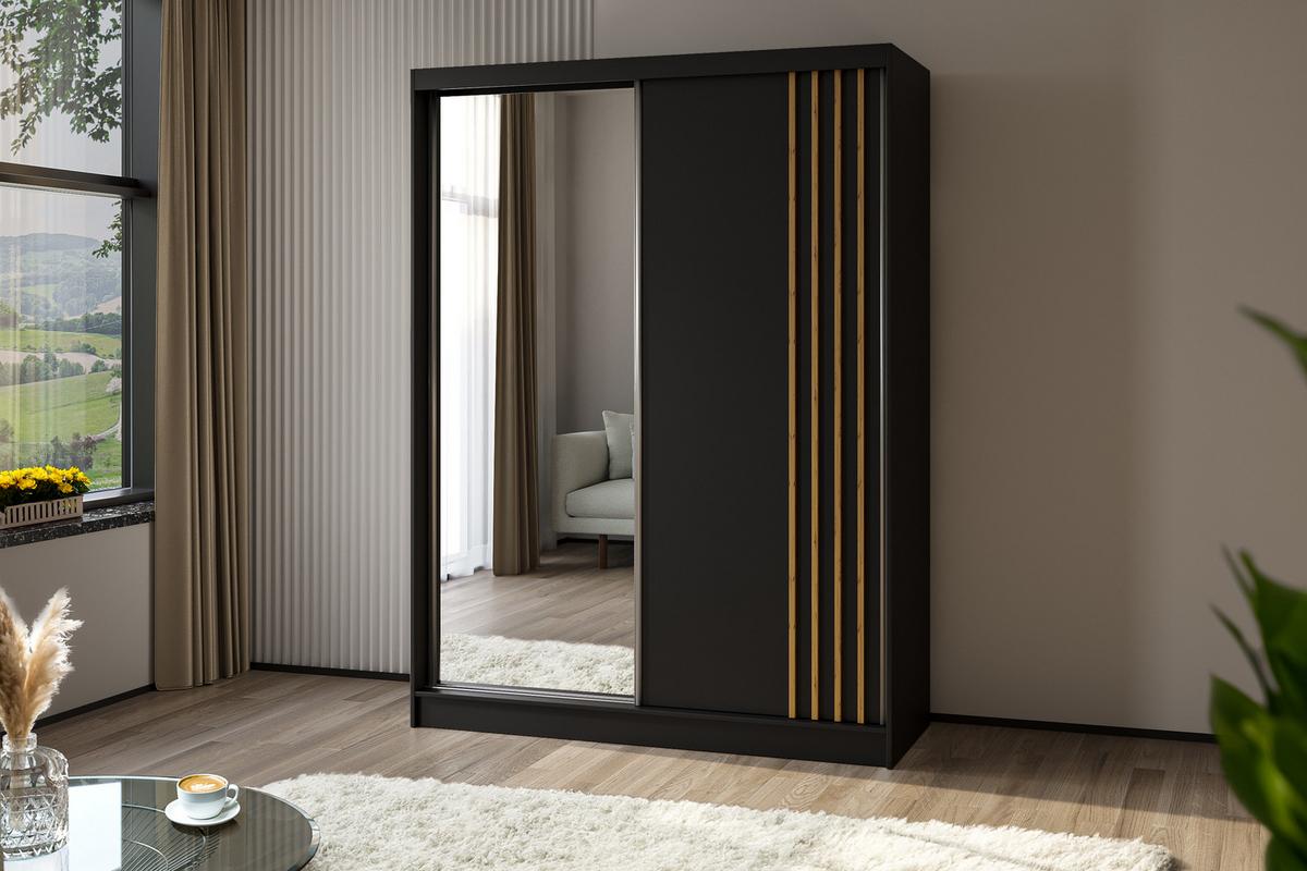 KLEIDERSCHRANK mit Spiegel-Schiebetüren und Aluminium-Leisten - NALLA - 160 cm Schwarz+Schwarz+Artisan - Anthrazit/Eiche Artisan, Holzwerkstoff (160/216/61cm) - ALTDECOR
