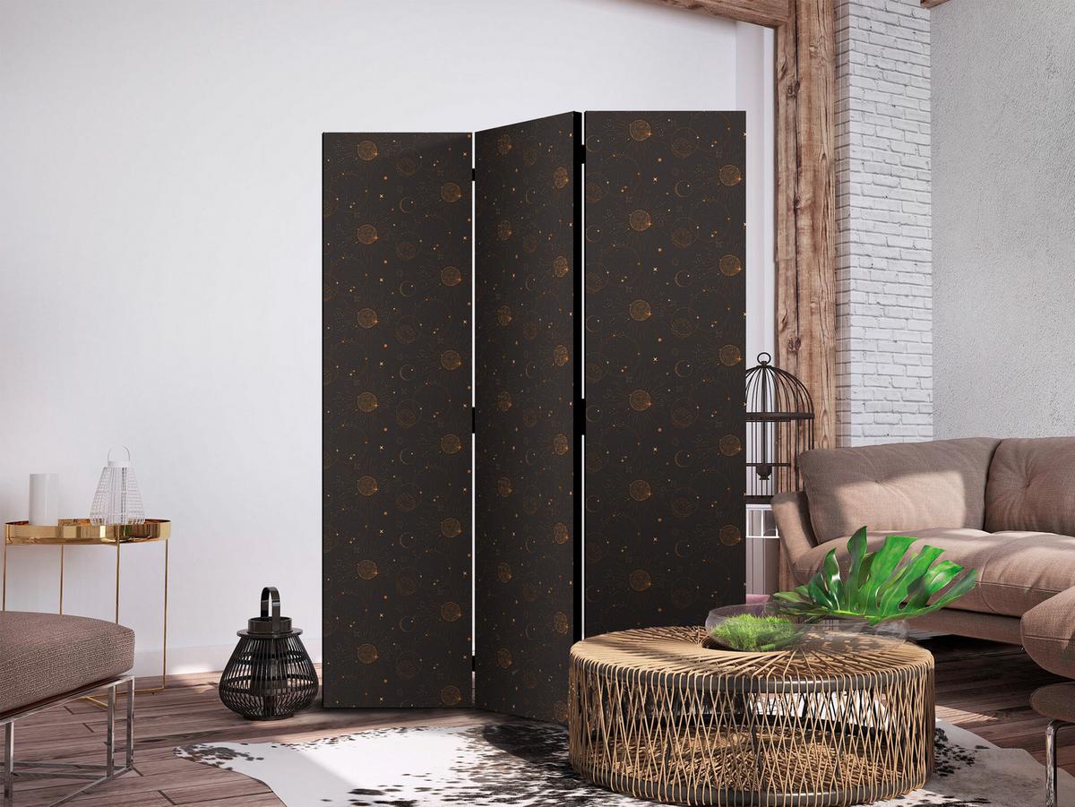 PARAVENT Einseitig Bedruckter 3-tlg 135x172 cm Sonnen Sterne Boho - Braun, Holz/Textil (135/172/3cm) - Muralo
