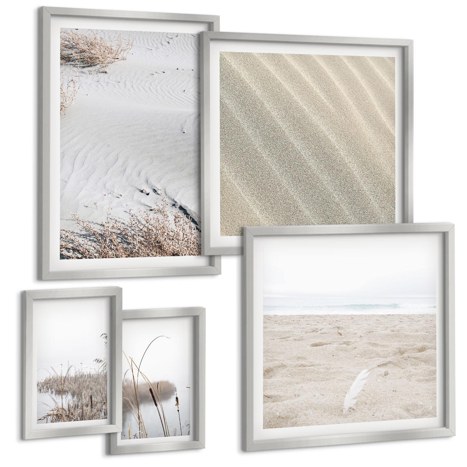 BILDER SET 5er Set - 50x50 cm & 20x30 cm & 40x60 cm Silberner Rahmen - Vegetation am Wasser im Sommer - Silberfarben, Kunststoff (40/60cm) - TULUP