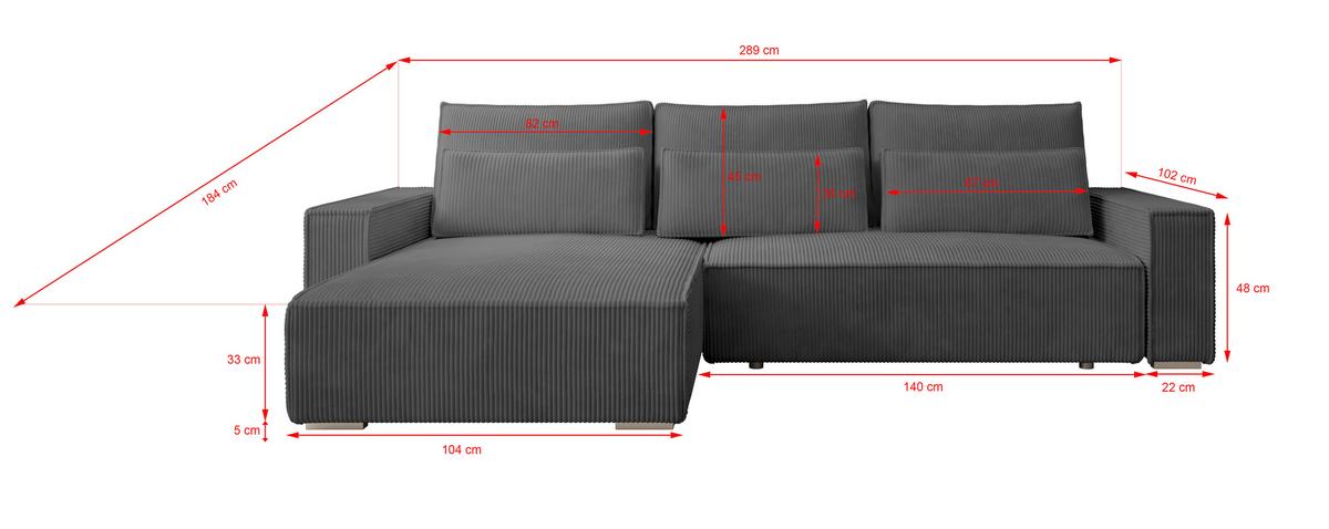 ECKSOFA Alice mit Bettkasten und Schlaffunktion, Cordstoff in L-Form - Dunkelgrau, Textil (289/184cm)