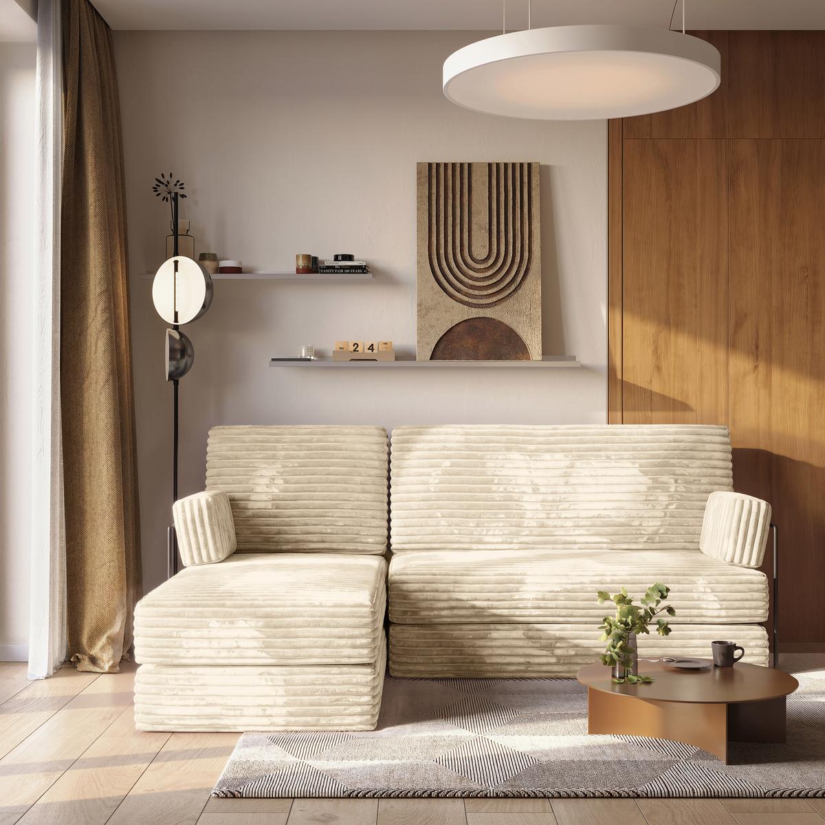 ECKSOFA NOTIA modulares Boneless Sofa mit Schlaffunktion Creme Kordstoff - Creme, Textil (200/120cm) - MASSENO