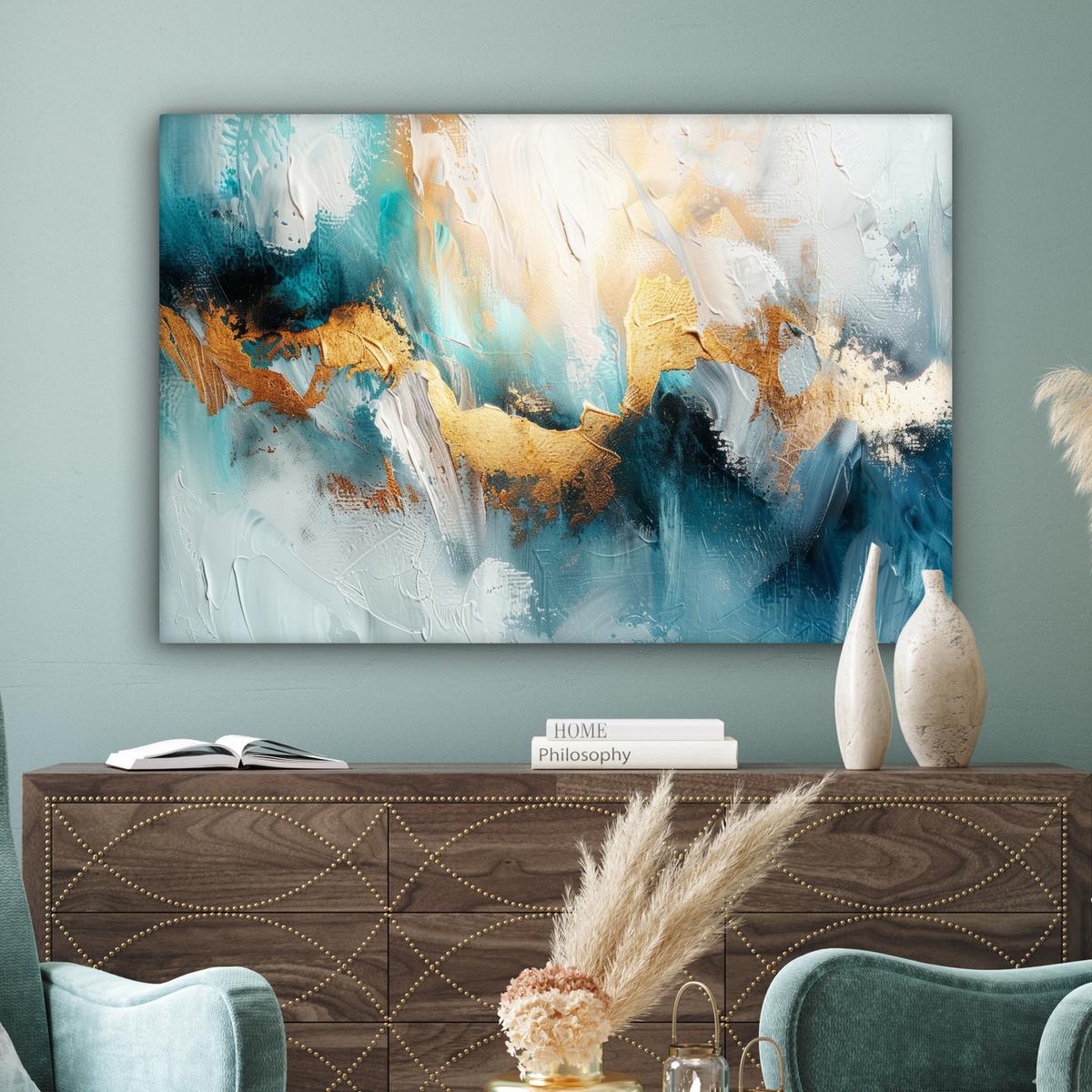 LEINWANDBILD Abstrakt - Kunst - Gold - Blau XXL 150x100 cm - Petrol, Textil (150/100cm) - MuchoWow