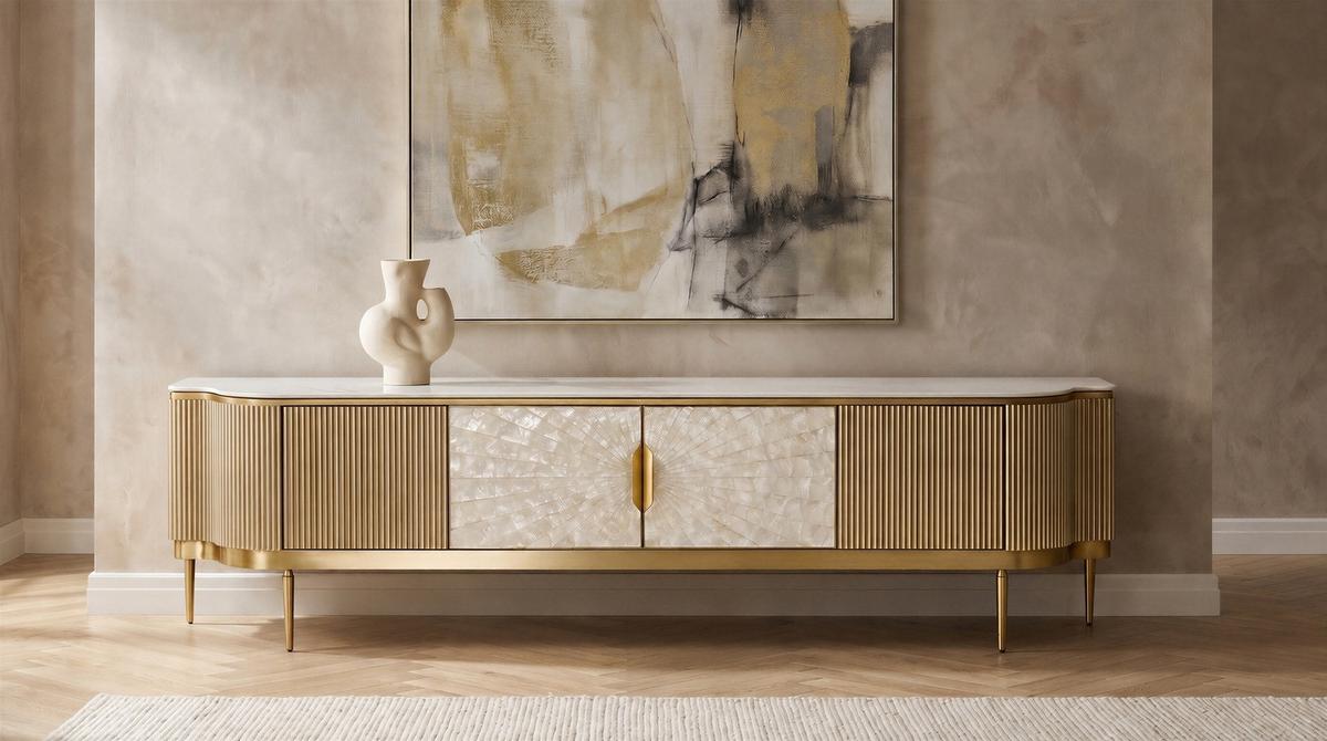 LOWBOARD LEOLA Cremeweiß Holz - Goldfarben/Creme, Holz/Metall (200/200cm) - KAWOLA