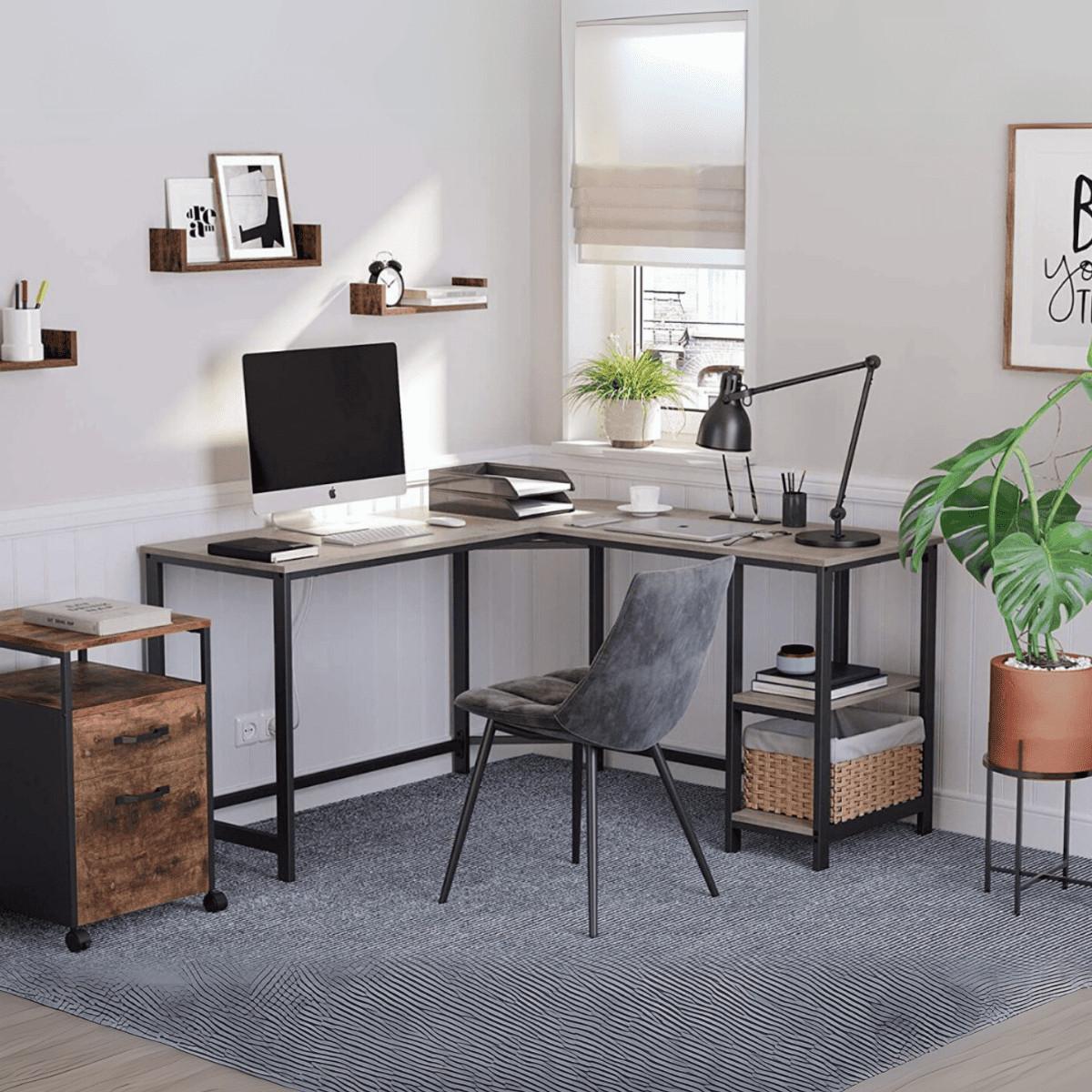 ECKSCHREIBTISCH mit 2-stufigem Regal im Industrial-Stil - Beige, Holzwerkstoff (148/138/76cm) - Calicosy