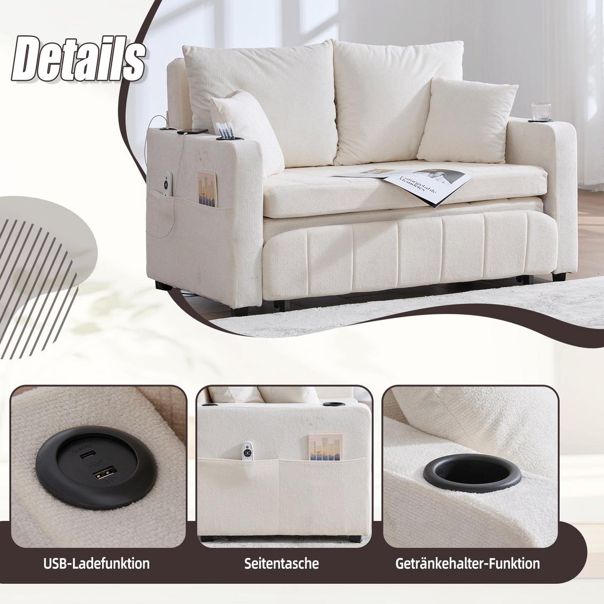 SCHLAFSOFA aus chenille mit bettfunktion, usb-anschluss & becherhaltern - Beige, Textil (139/83/73cm) - Urban Meuble