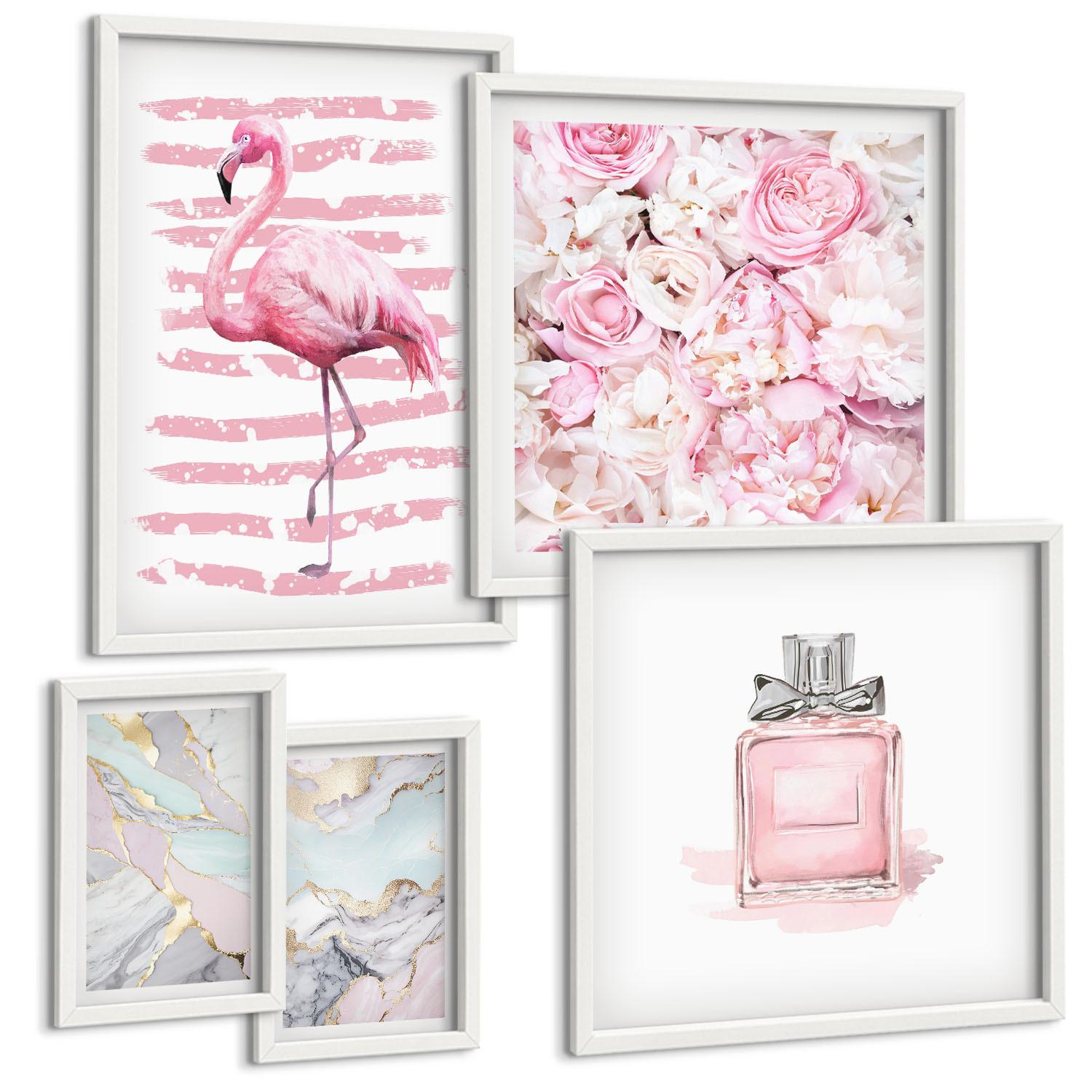 BILDER SET 5er Set - 50x50 cm & 20x30 cm & 40x60 cm Weißer Rahmen - Rosa Blumen Marmor Pastell - Weiß, Kunststoff (40/60cm) - TULUP