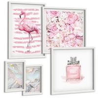 BILDER SET 5er Set - 50x50 cm & 20x30 cm & 40x60 cm Weißer Rahmen - Rosa Blumen Marmor Pastell - Weiß, Kunststoff (40/60cm) - TULUP