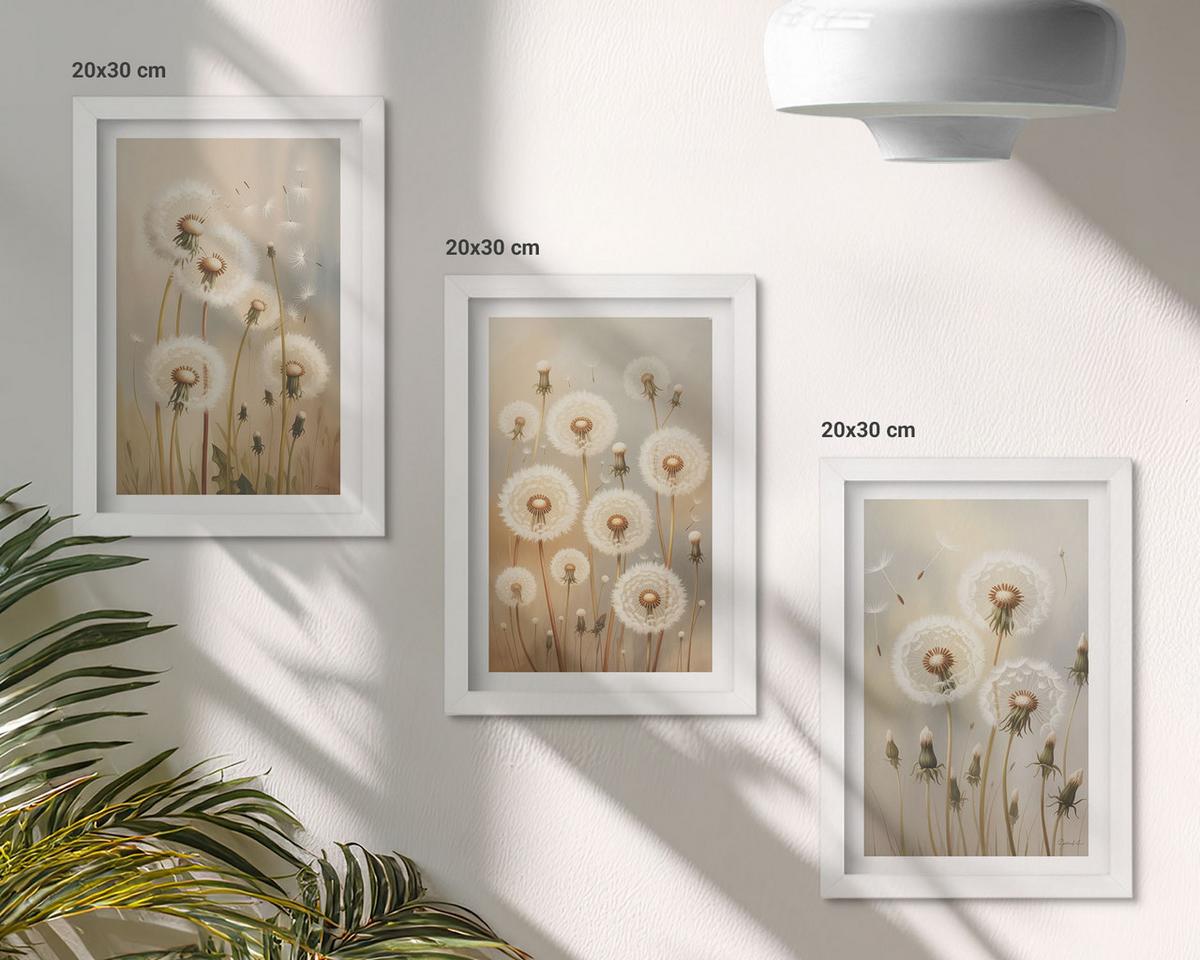 BILDER SET 3er Set - 20x30 cm Weißer Rahmen - Weiße Löwenzahnblüten auf hellem Hintergrund - Weiß, Kunststoff (20/30cm) - TULUP
