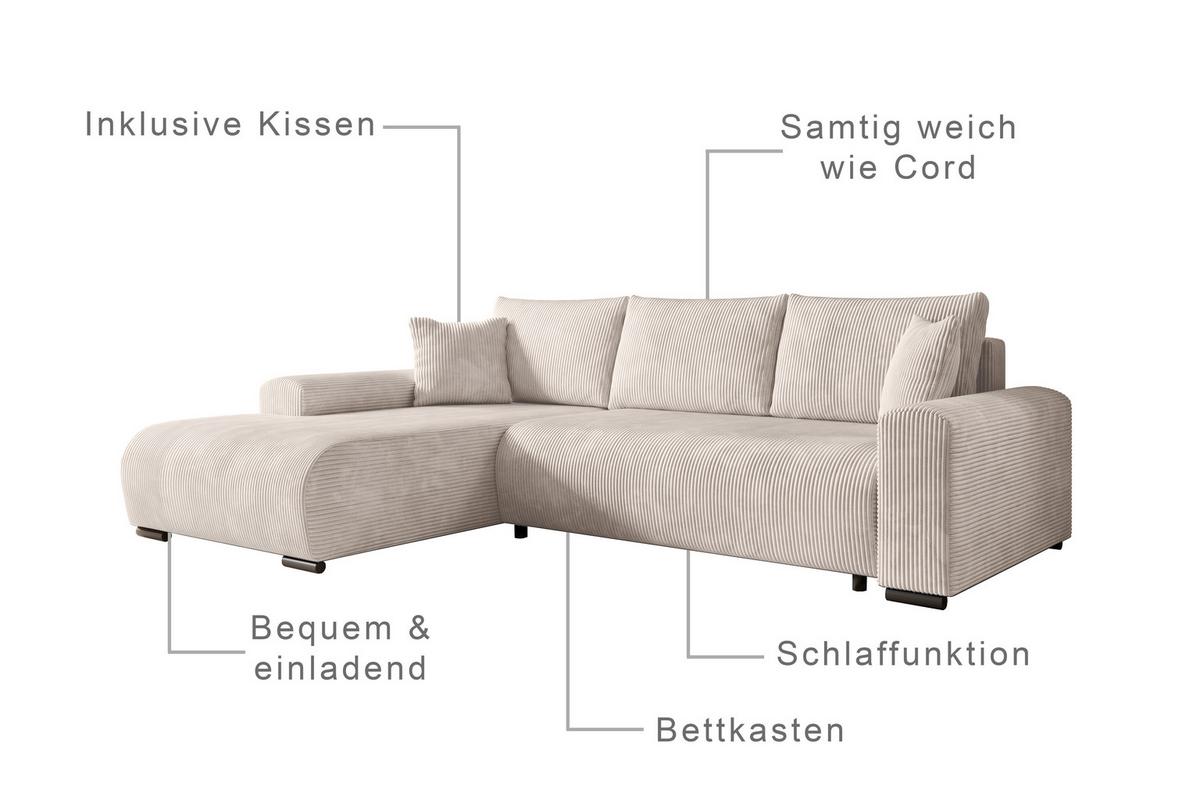 ECKSOFA Nelly mit Bettkasten und Schlaffunktion, Cordstoff in L-Form - Creme, Textil (270/185cm)
