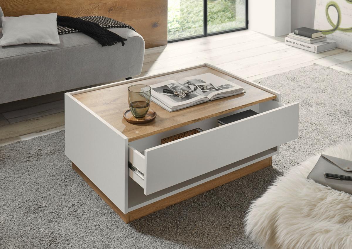 COUCHTISCH weiß, Eiche Wotan 90 x 60 cm, Wohnzimmertisch mit Stauraum - Eiche Wotan/Weiß, Holz/Holzwerkstoff (90/60/38cm) - Furn.Design