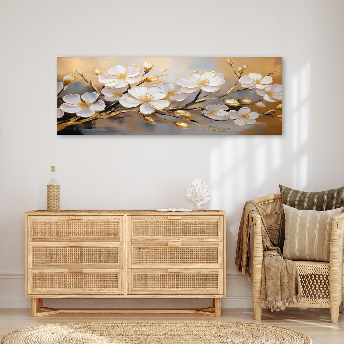 WANDBILD moderne weiße blumenpflanzen zweig - Goldfarben, Textil (90/30cm) - Feeby