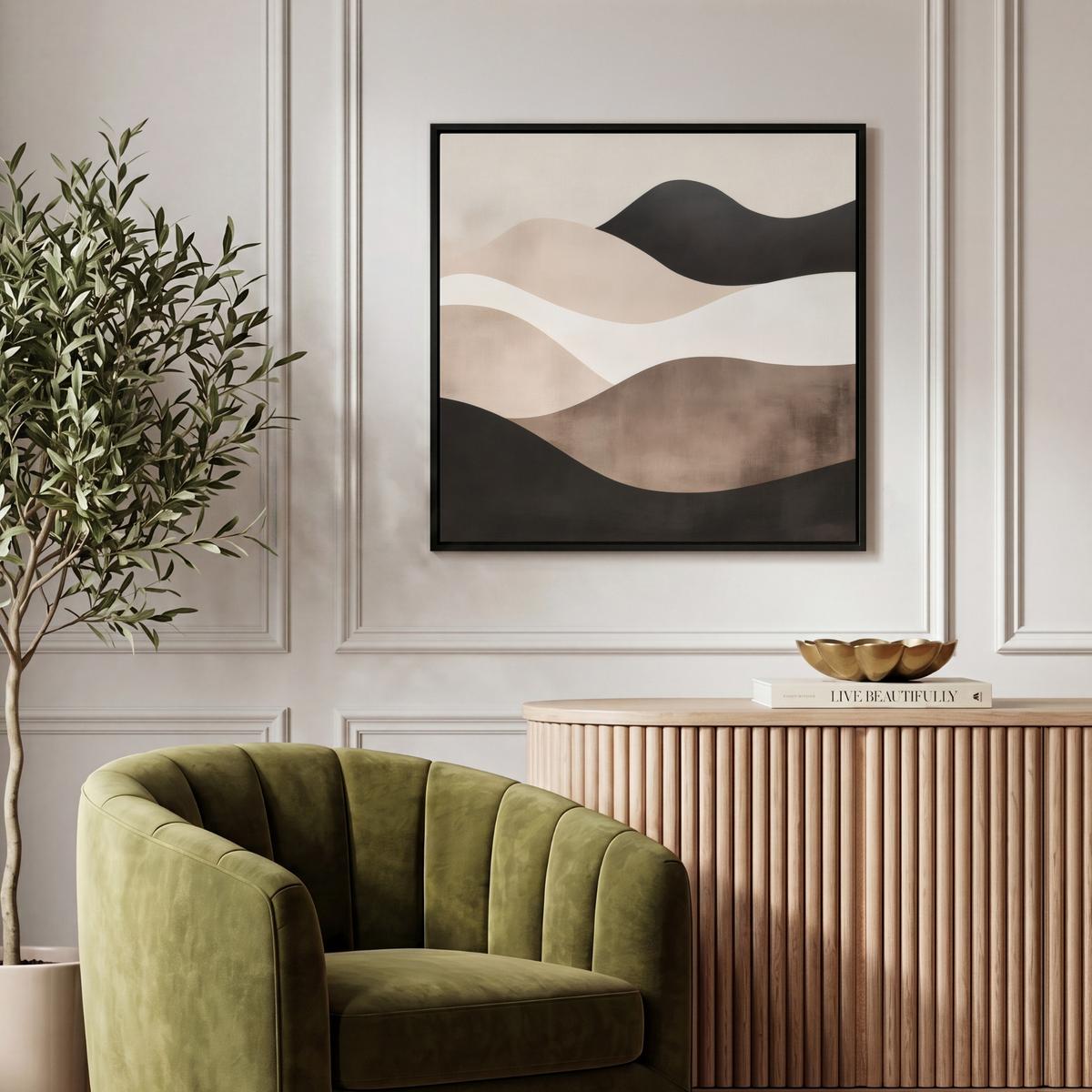 LEINWAND Bilder mit Rahmen - Abstrakt - Landschaft - Wellen - Cremefarben - 50x50 - Cappuccino, Textil (50/50cm) - MuchoWow