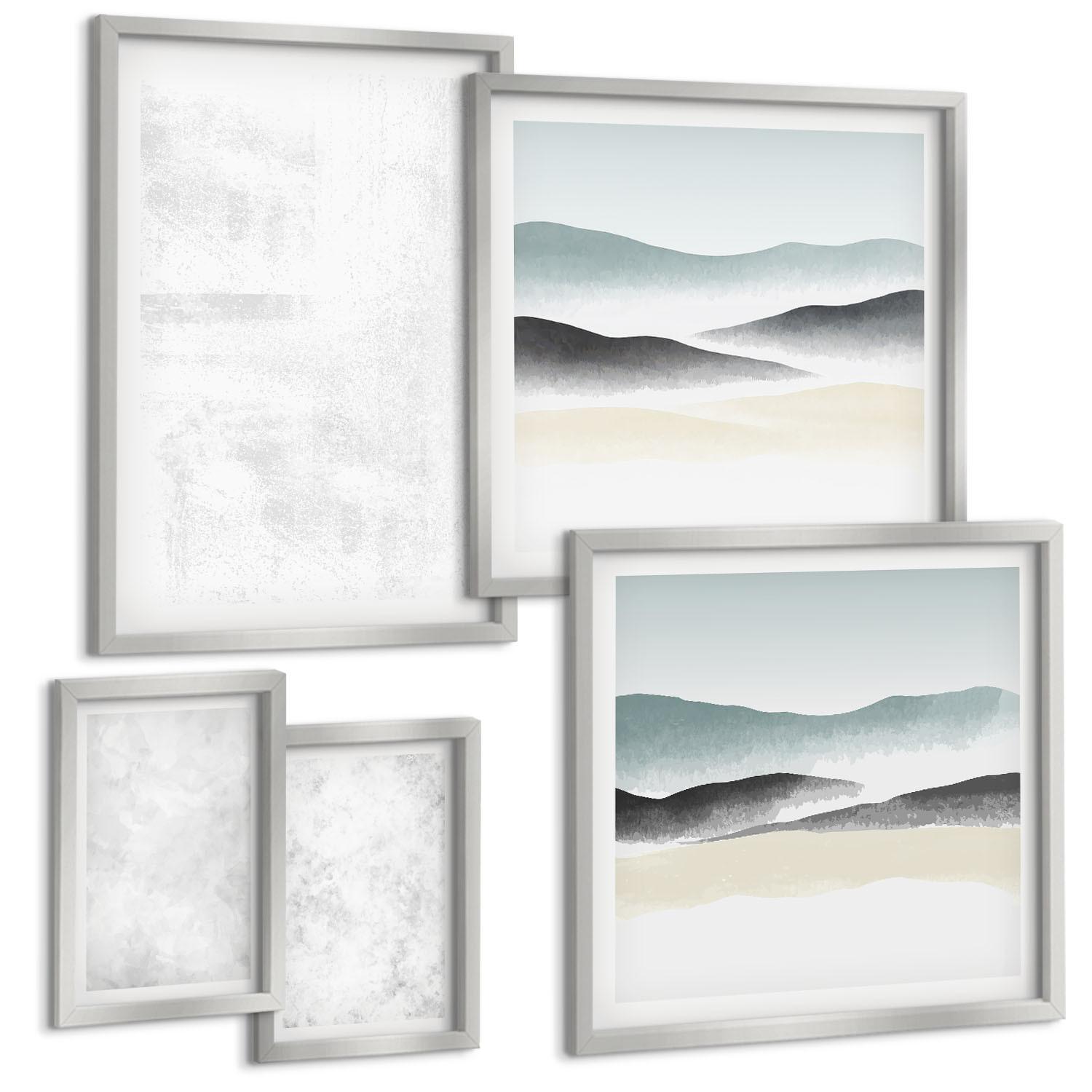 BILDER SET 5er Set - 50x50 cm & 20x30 cm & 40x60 cm Silberner Rahmen - Weiße Flecken auf Leinwandhintergrund - Silberfarben, Kunststoff (40/60cm) - TULUP